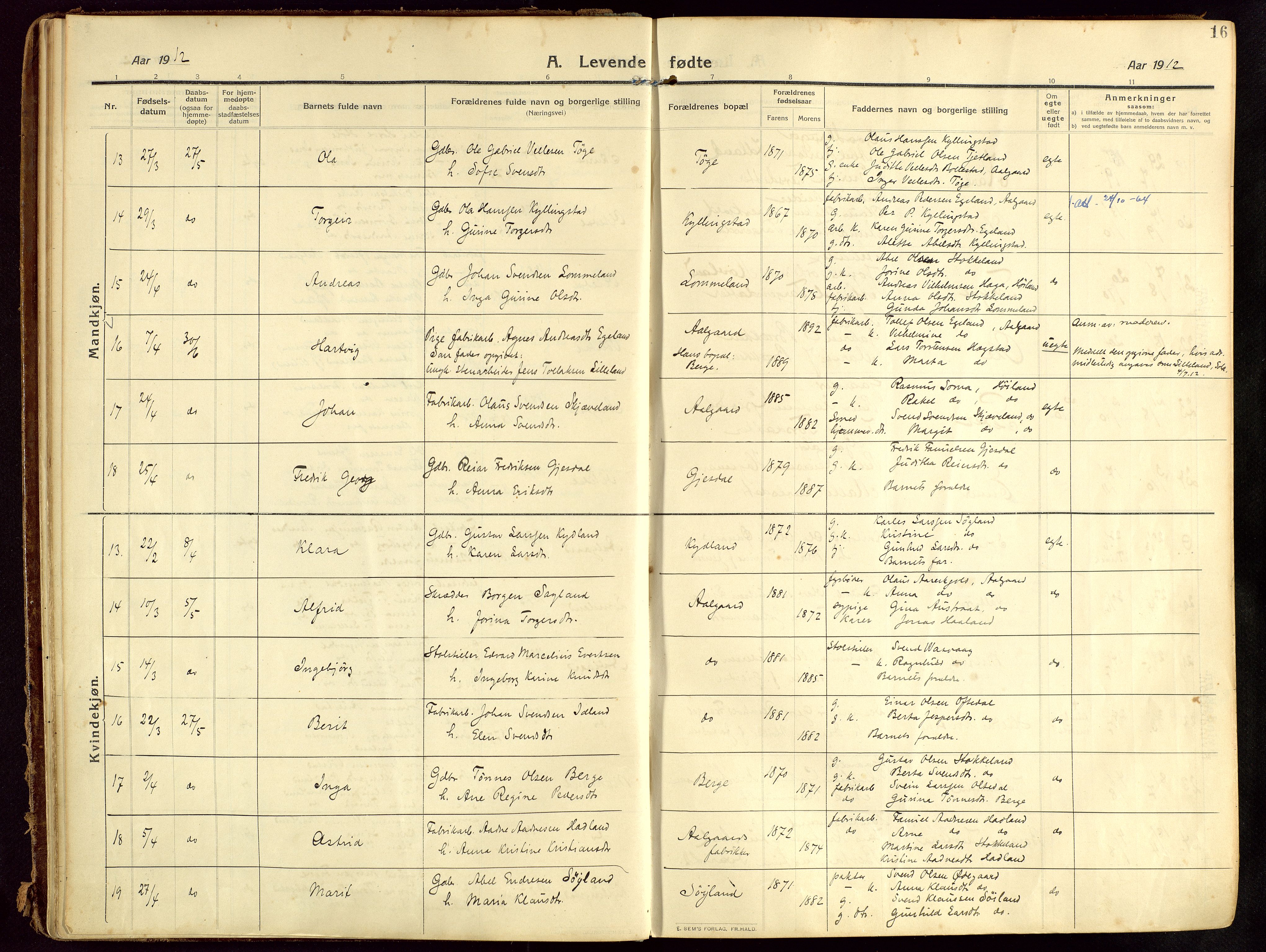 Lye sokneprestkontor, AV/SAST-A-101794/002/B/L0001: Parish register (official) no. A 13, 1910-1925, p. 16