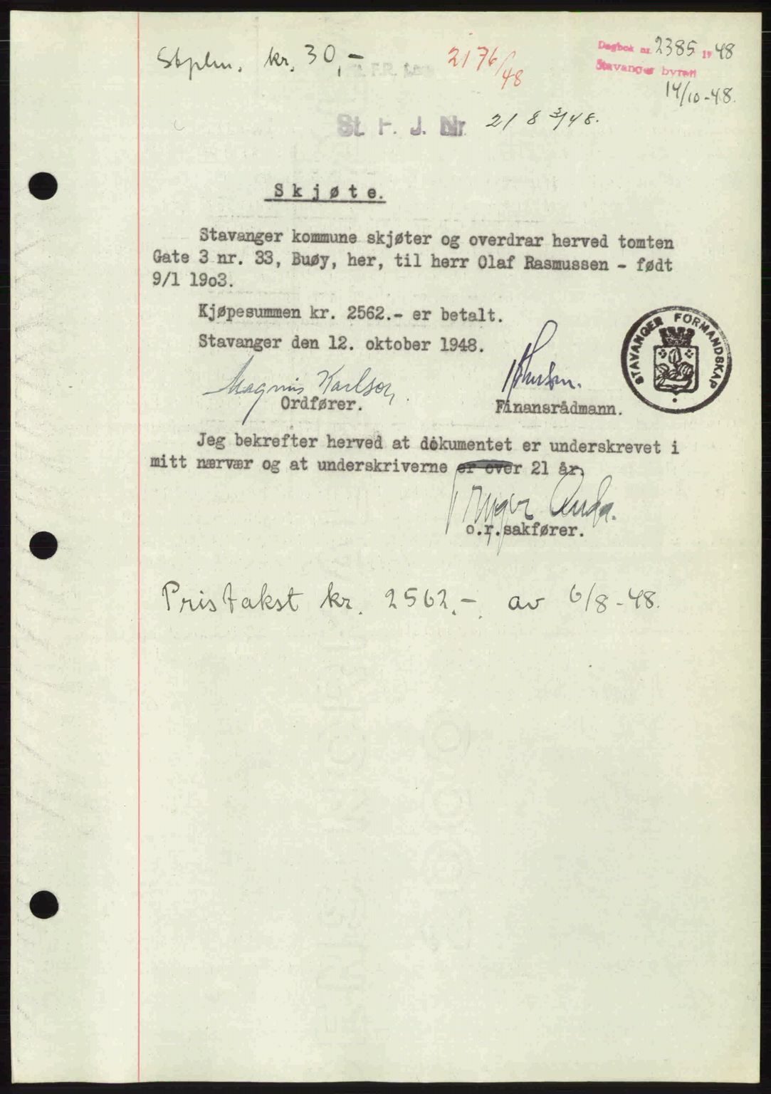 Stavanger byrett, SAST/A-100455/002/G/Gb/L0023: Mortgage book no. A12, 1948-1949, Diary no: : 2385/1948