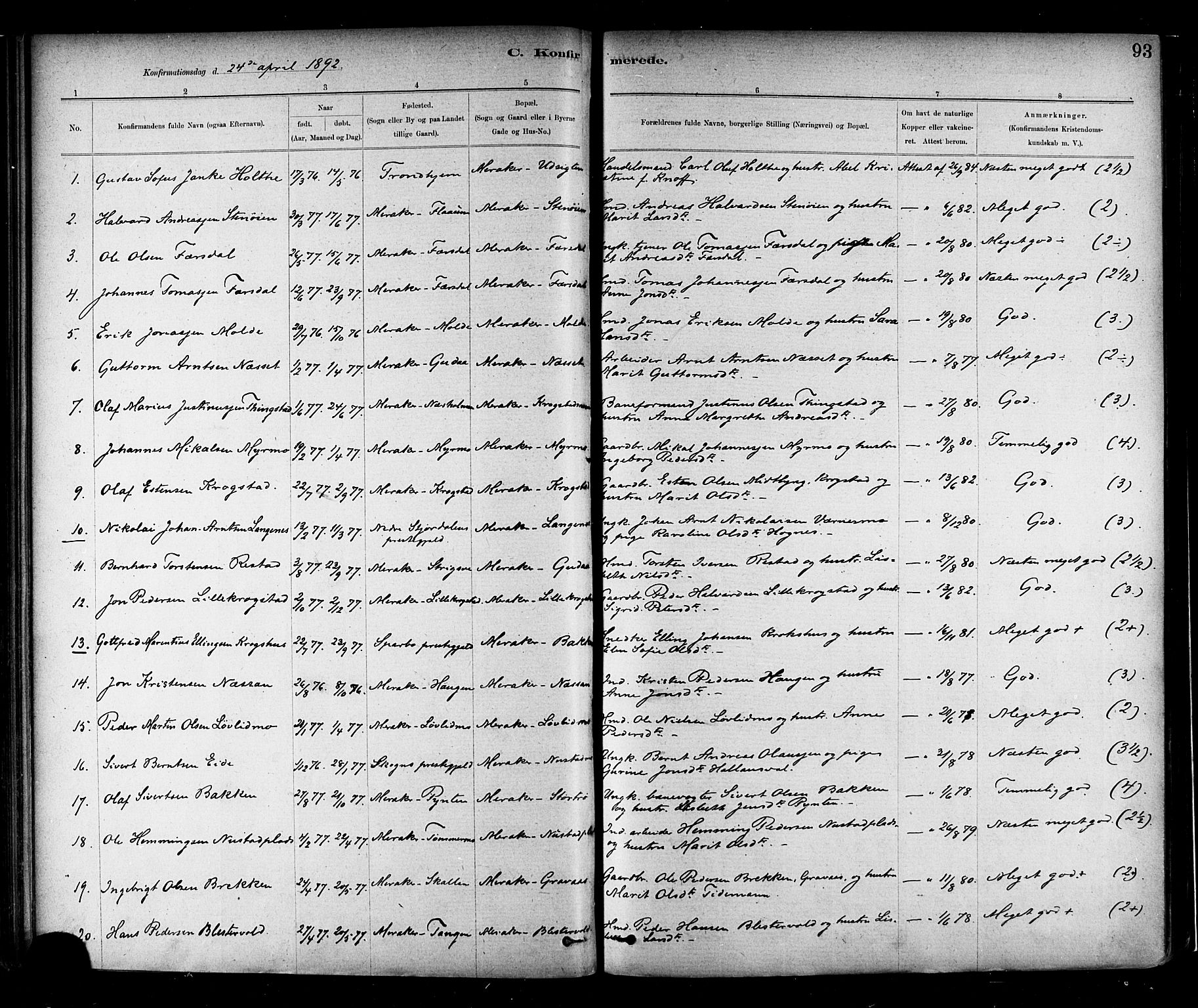 Ministerialprotokoller, klokkerbøker og fødselsregistre - Nord-Trøndelag, AV/SAT-A-1458/706/L0047: Parish register (official) no. 706A03, 1878-1892, p. 93