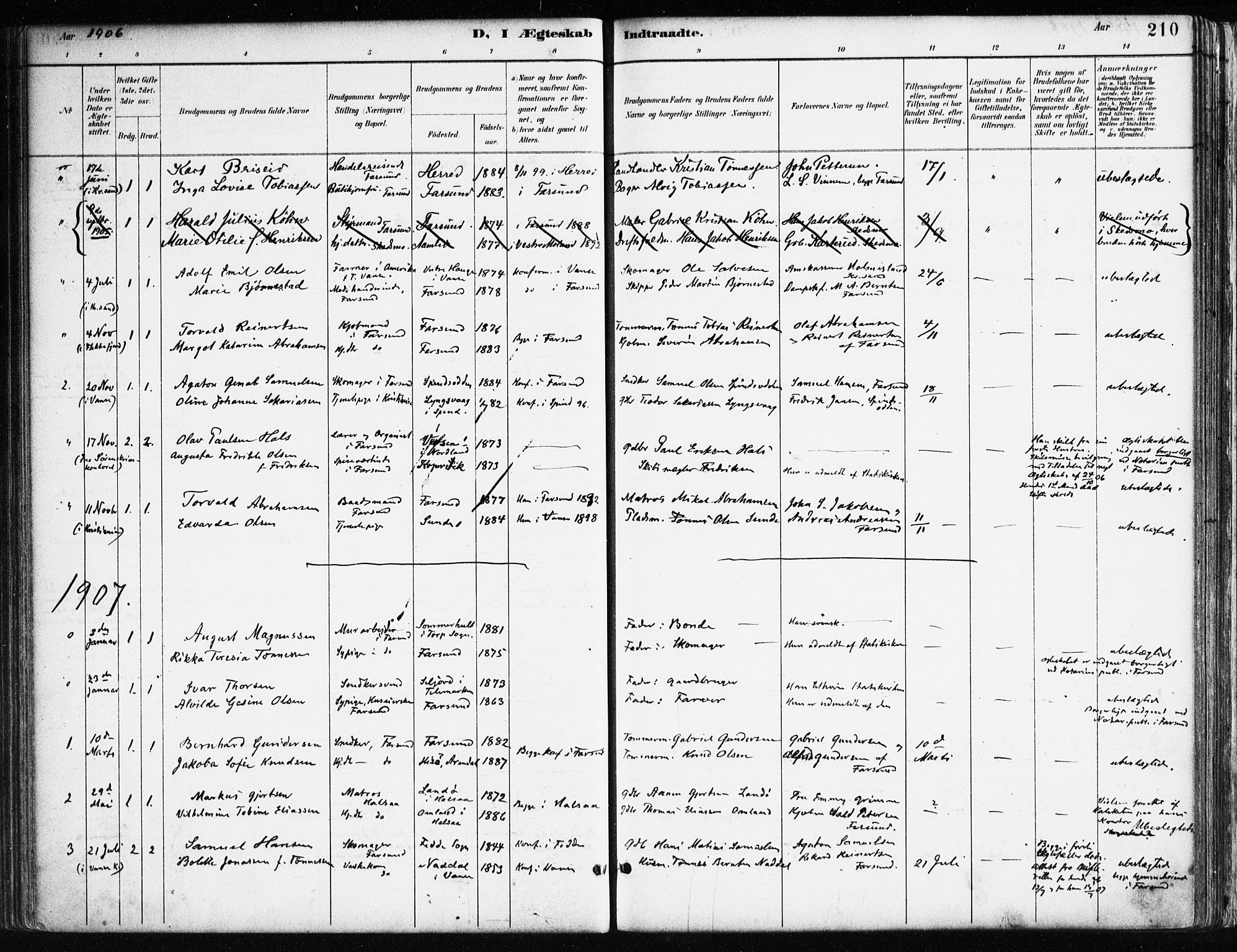 Farsund sokneprestkontor, AV/SAK-1111-0009/F/Fa/L0006: Parish register (official) no. A 6, 1887-1920, p. 210