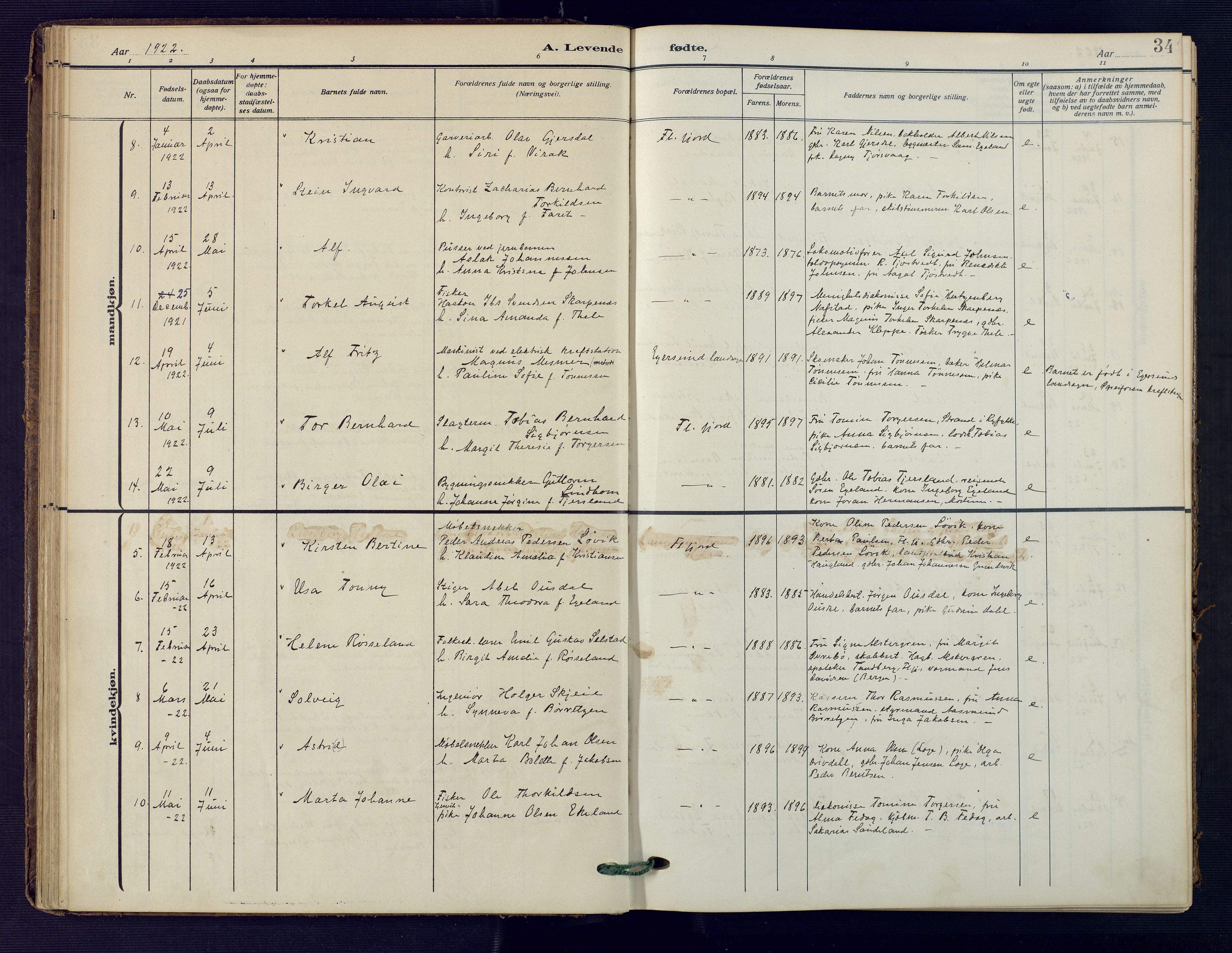 Flekkefjord sokneprestkontor, AV/SAK-1111-0012/F/Fa/Faa/L0003: Parish register (official) no. A 3, 1913-1928, p. 34