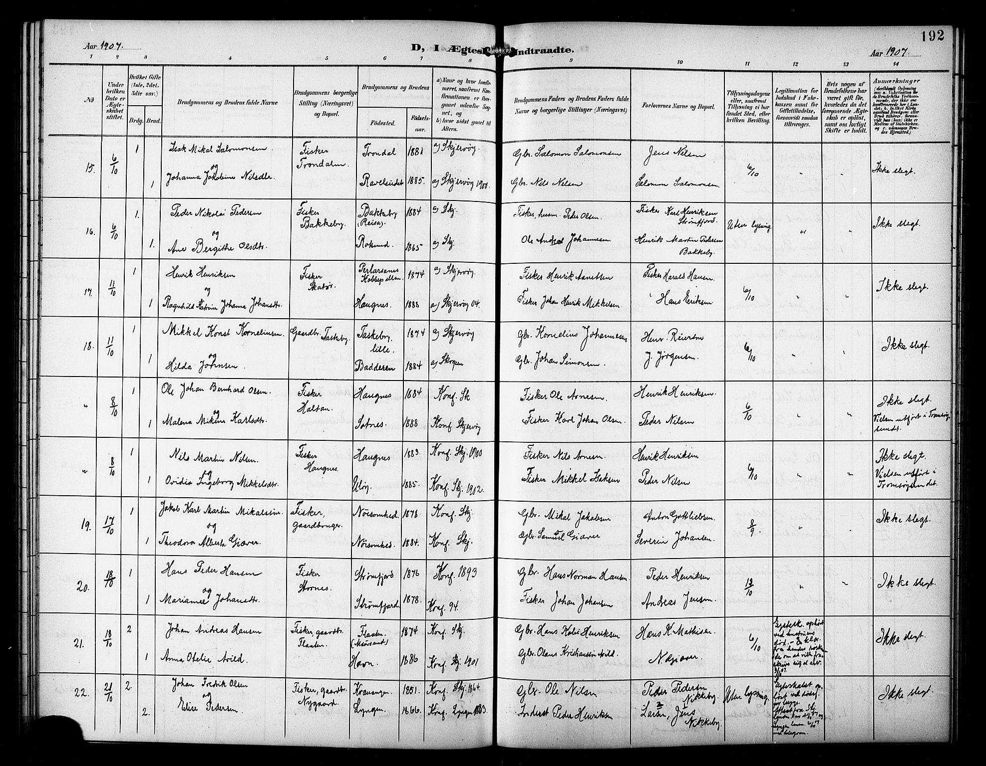 Skjervøy sokneprestkontor, AV/SATØ-S-1300/H/Ha/Hab/L0008klokker: Parish register (copy) no. 8, 1900-1910, p. 192