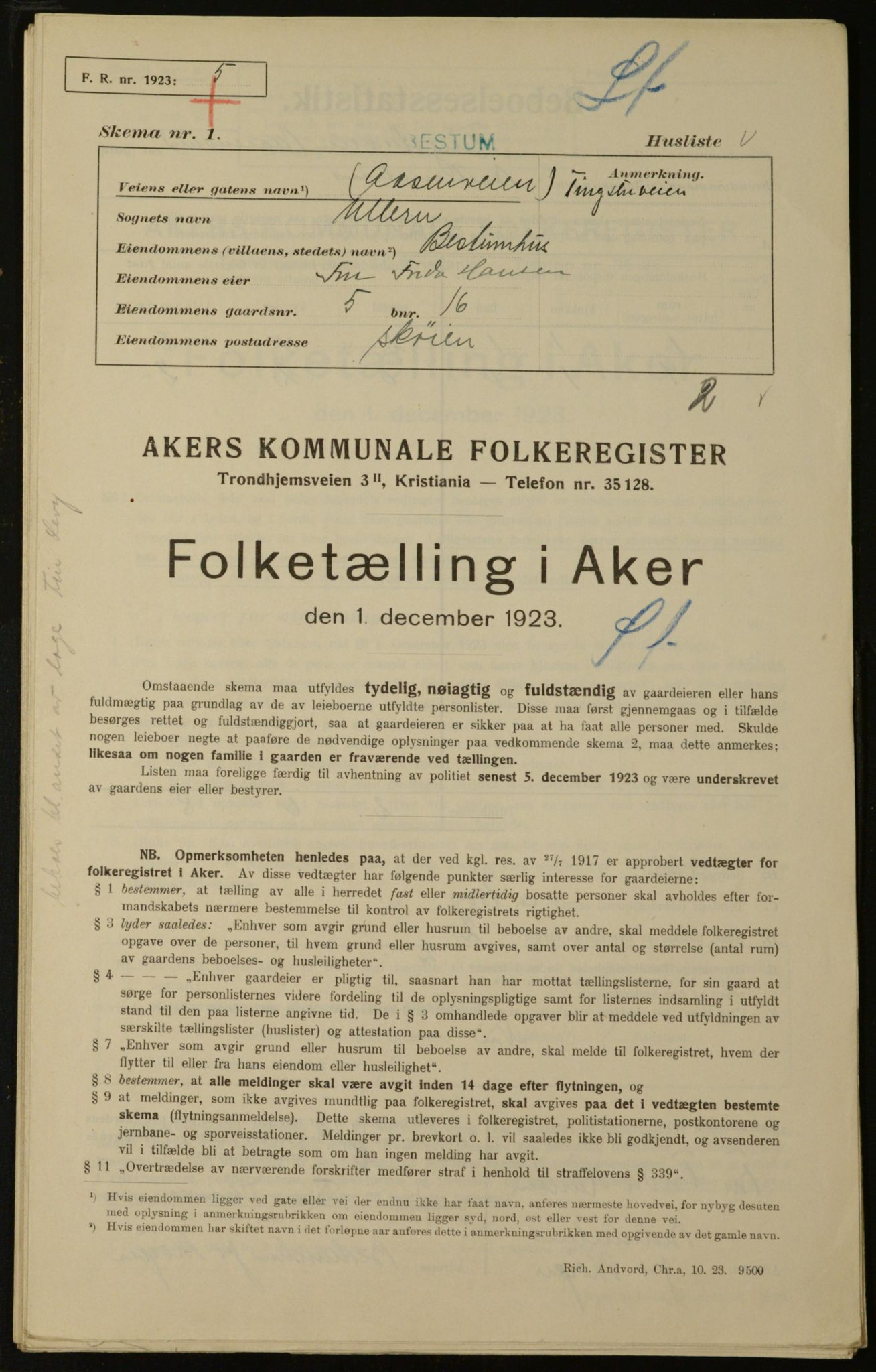 , Municipal Census 1923 for Aker, 1923, p. 28