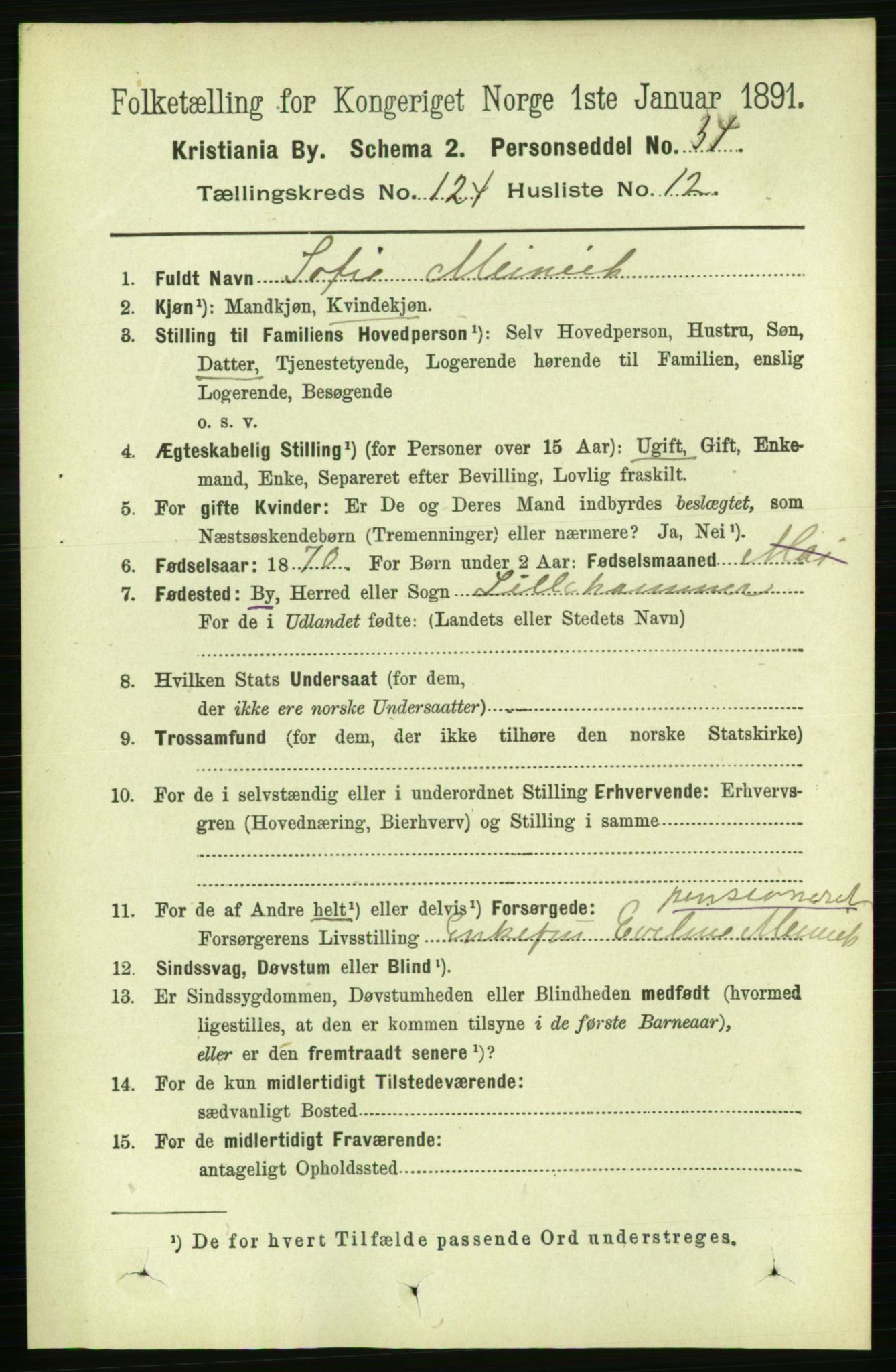 RA, 1891 census for 0301 Kristiania, 1891, p. 65425