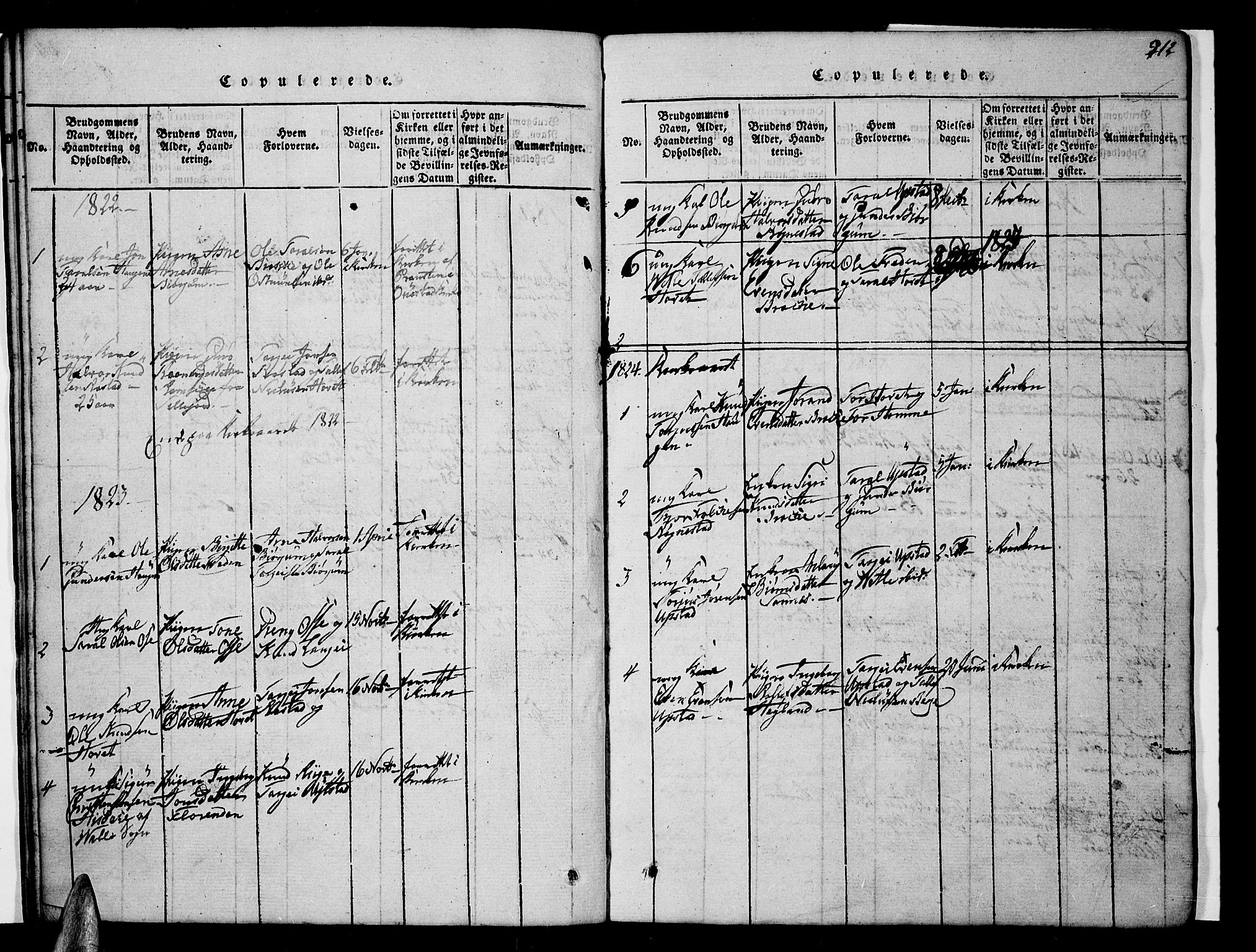 Valle sokneprestkontor, SAK/1111-0044/F/Fb/Fbc/L0001: Parish register (copy) no. B 1 /2, 1816-1829, p. 212