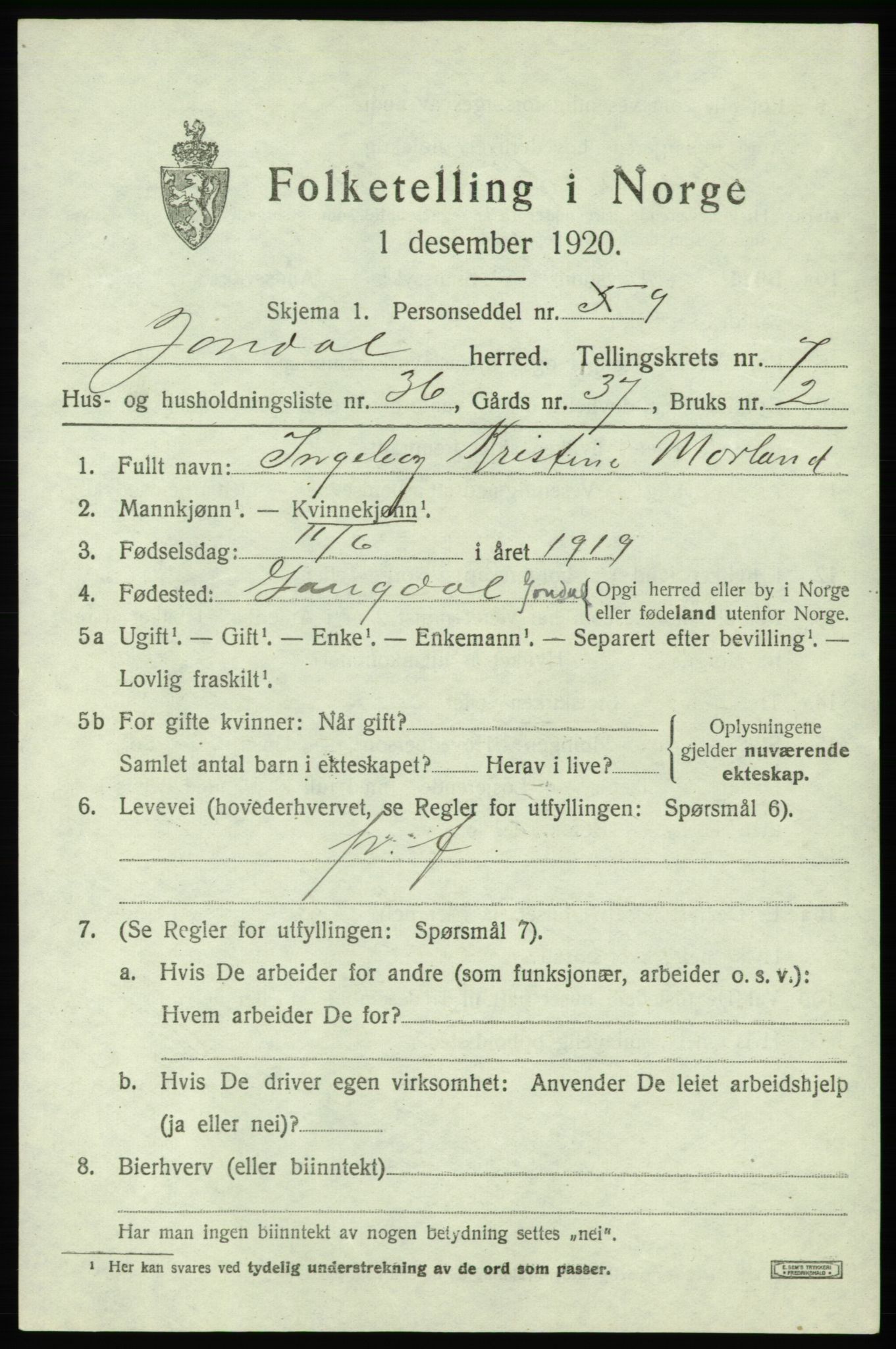 SAB, 1920 census for Jondal, 1920, p. 4228