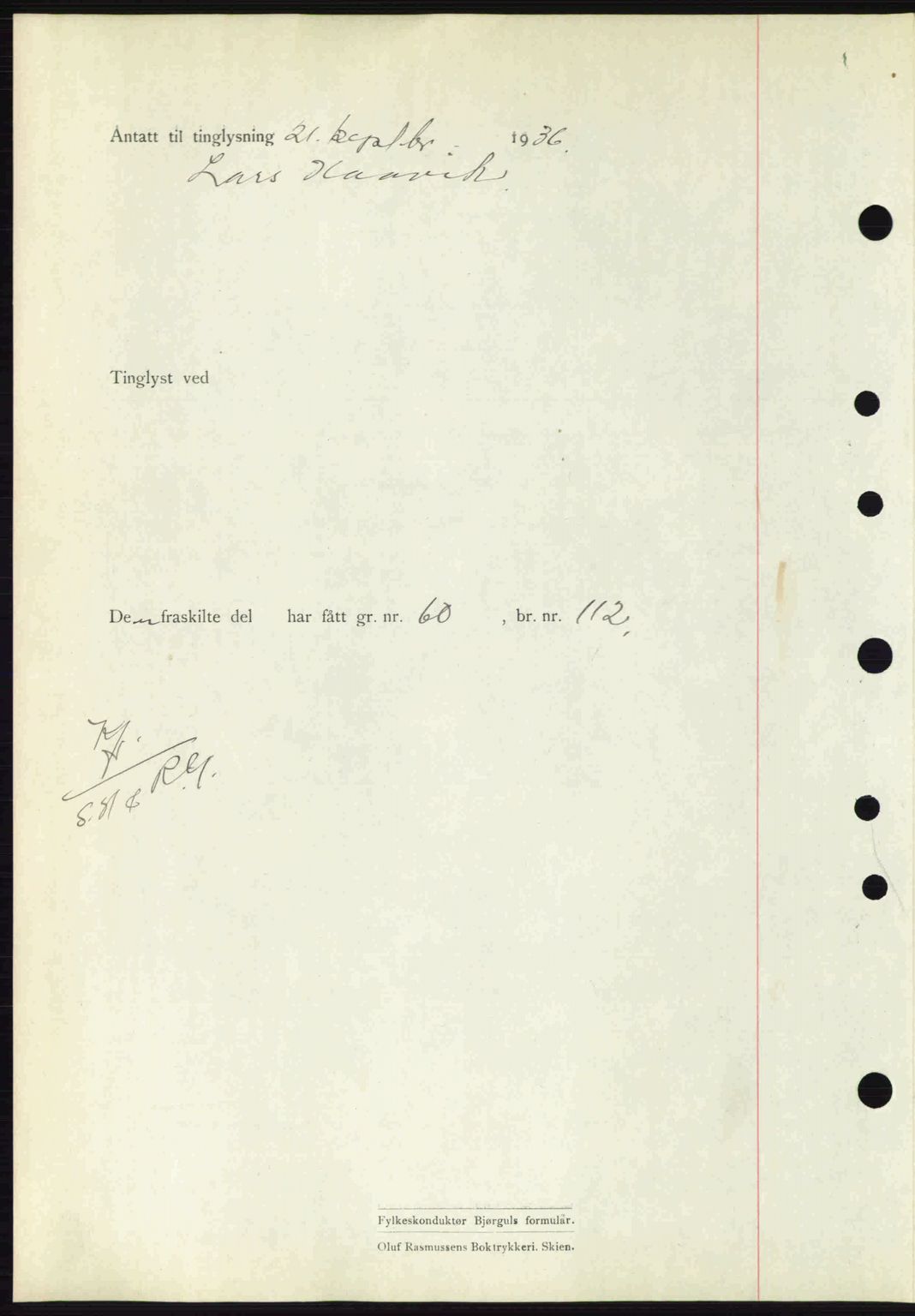 Gjerpen sorenskriveri, SAKO/A-216/G/Ga/Gae/L0067: Mortgage book no. A-66 - A-68, 1936-1937, Diary no: : 2144/1936