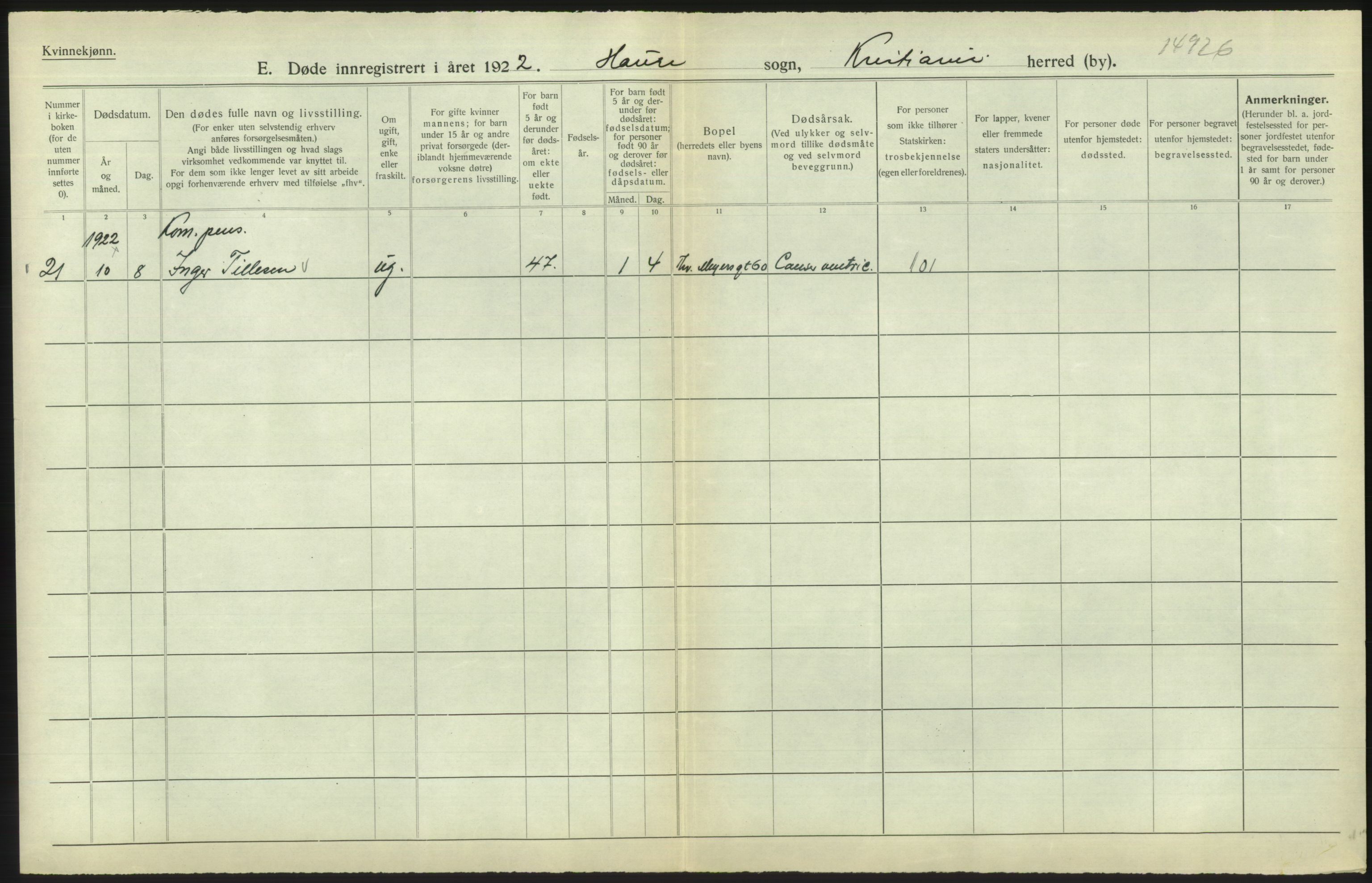 Statistisk sentralbyrå, Sosiodemografiske emner, Befolkning, AV/RA-S-2228/D/Df/Dfc/Dfcb/L0009: Kristiania: Døde, 1922, p. 608