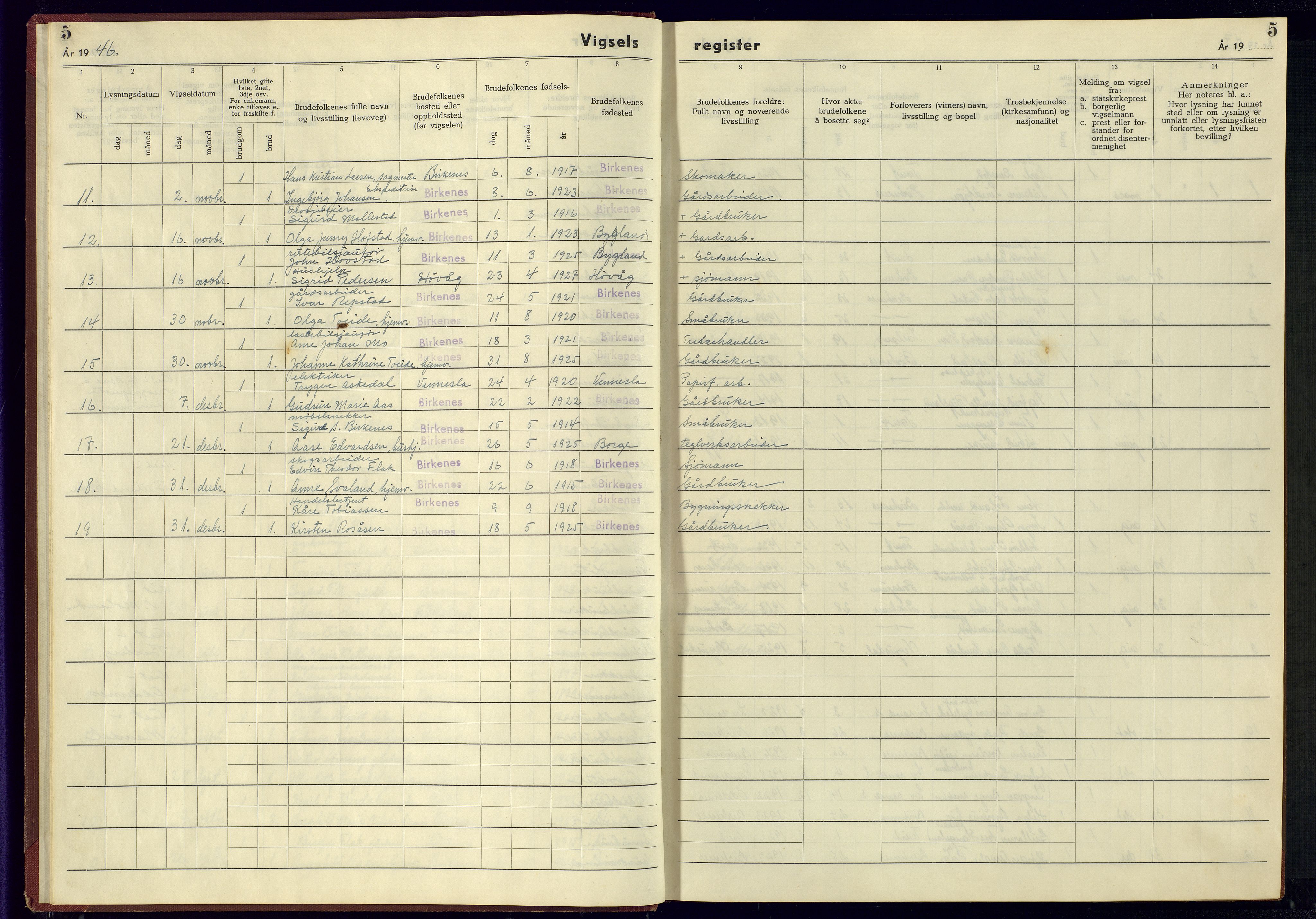 Birkenes sokneprestkontor, AV/SAK-1111-0004/J/Jb/L0002: Marriage register no. II.6.2, 1943-1951, p. 5