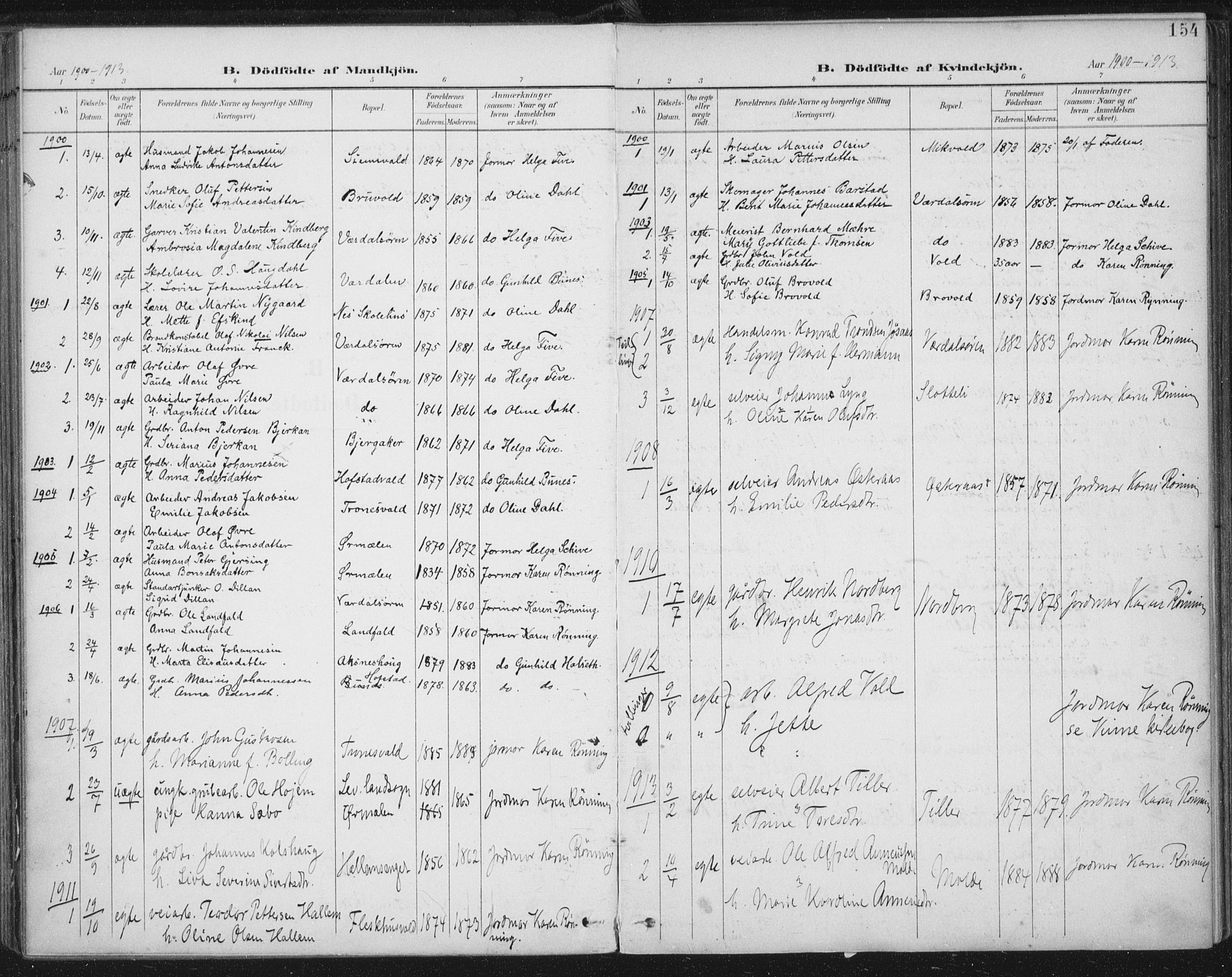 Ministerialprotokoller, klokkerbøker og fødselsregistre - Nord-Trøndelag, SAT/A-1458/723/L0246: Parish register (official) no. 723A15, 1900-1917, p. 154