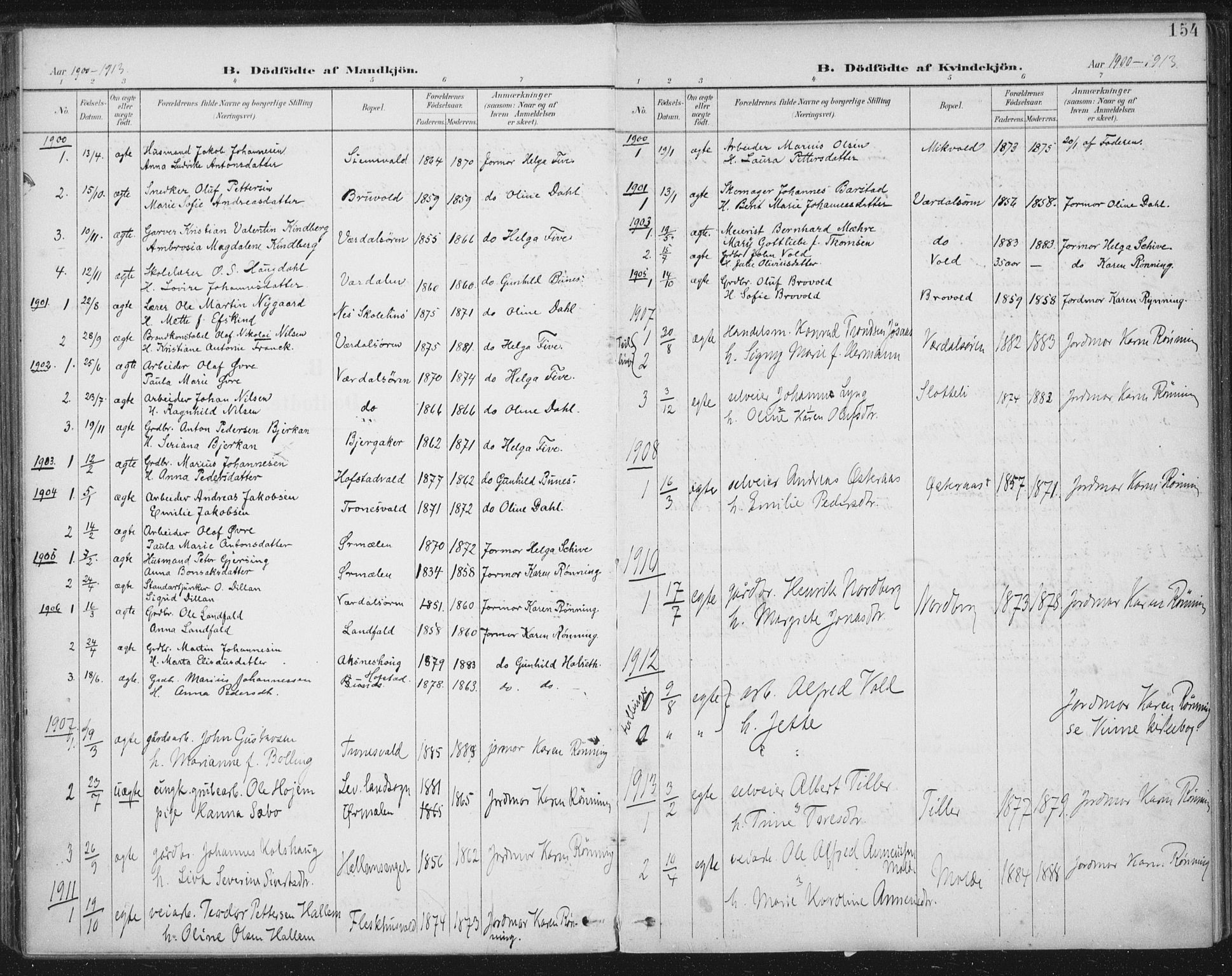 Ministerialprotokoller, klokkerbøker og fødselsregistre - Nord-Trøndelag, AV/SAT-A-1458/723/L0246: Parish register (official) no. 723A15, 1900-1917, p. 154