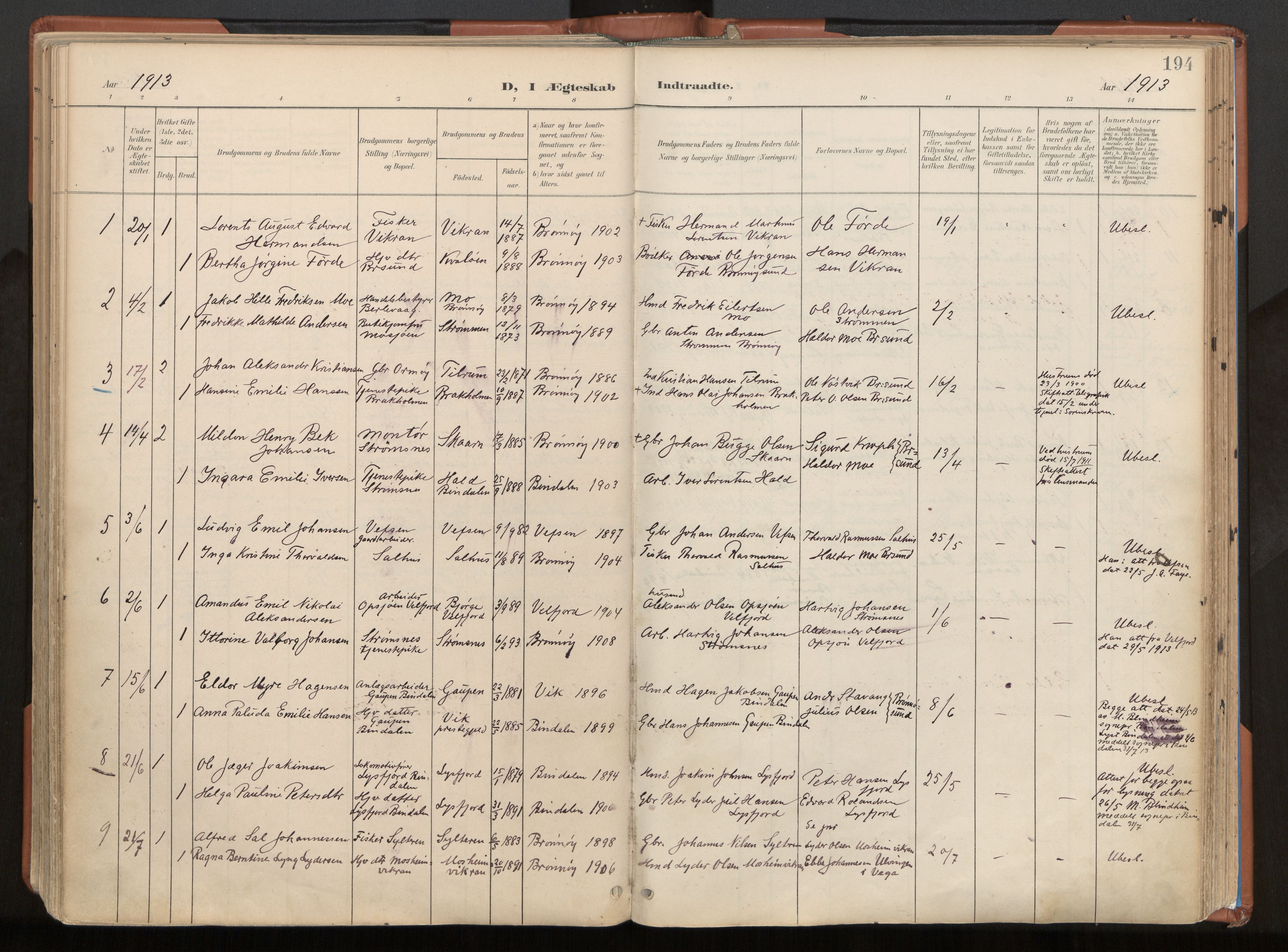 Ministerialprotokoller, klokkerbøker og fødselsregistre - Nordland, SAT/A-1459/813/L0201: Parish register (official) no. 813A11, 1901-1918, p. 194