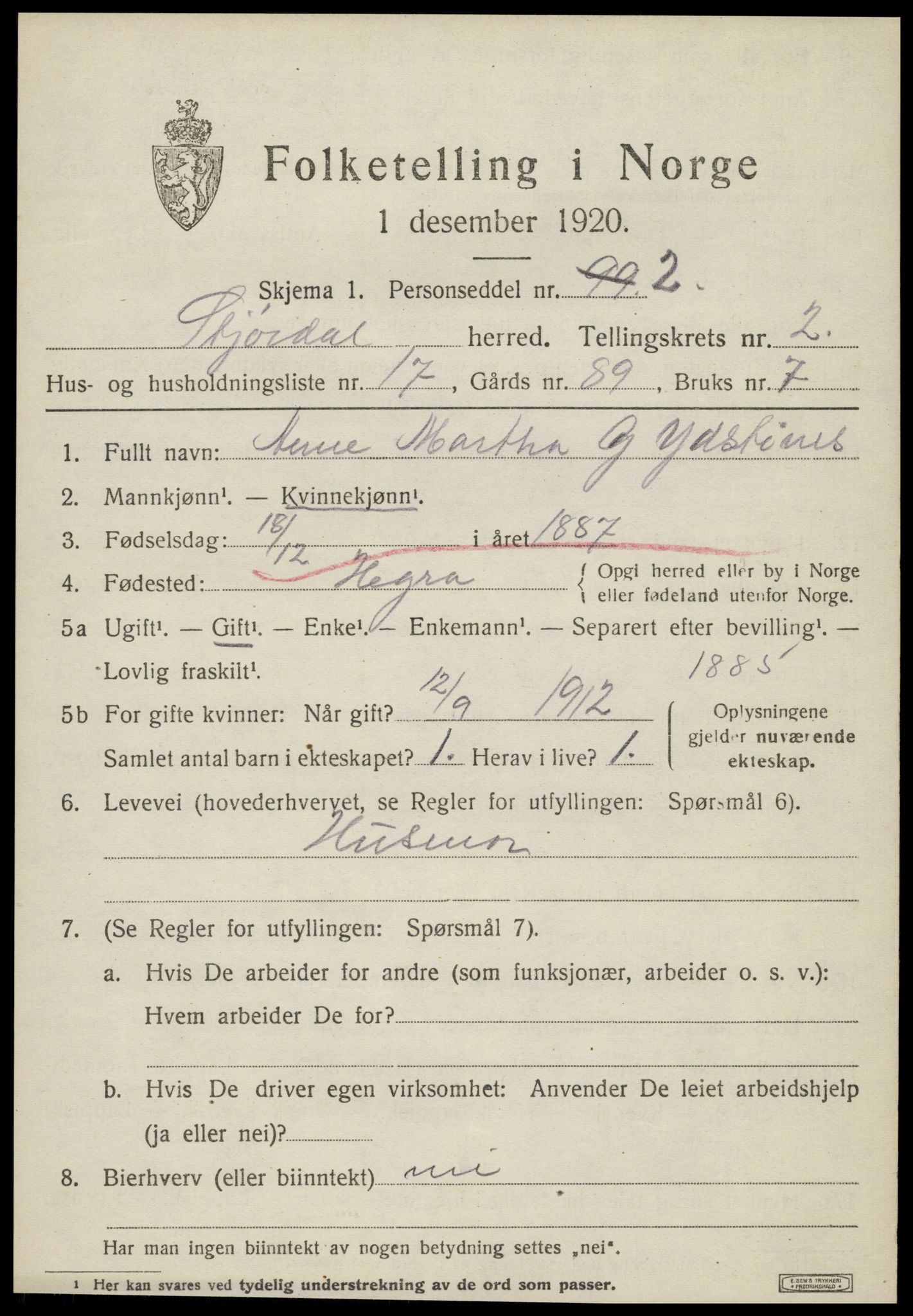 SAT, 1920 census for Stjørdal, 1920, p. 2082