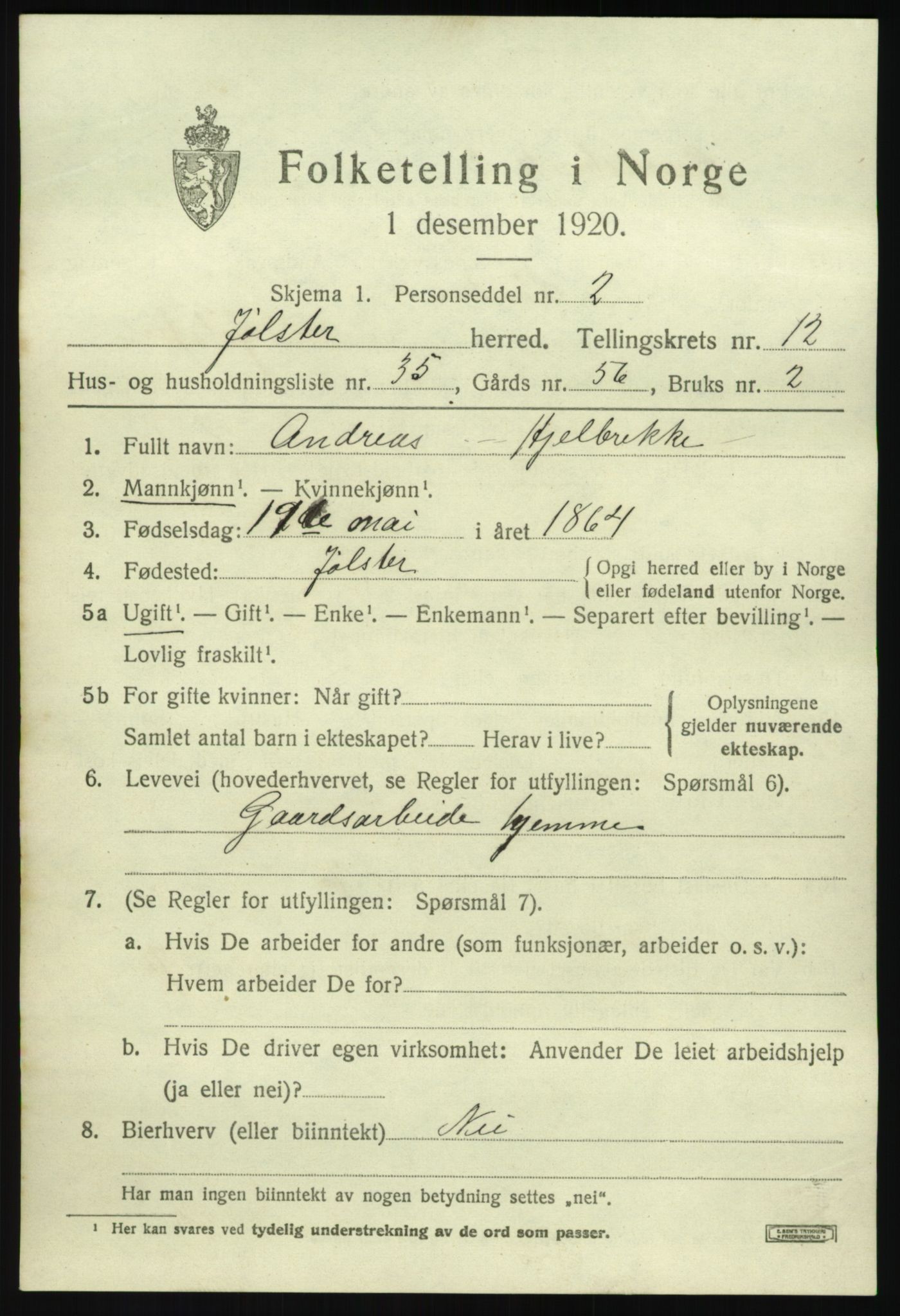 SAB, 1920 census for Jølster, 1920, p. 5942