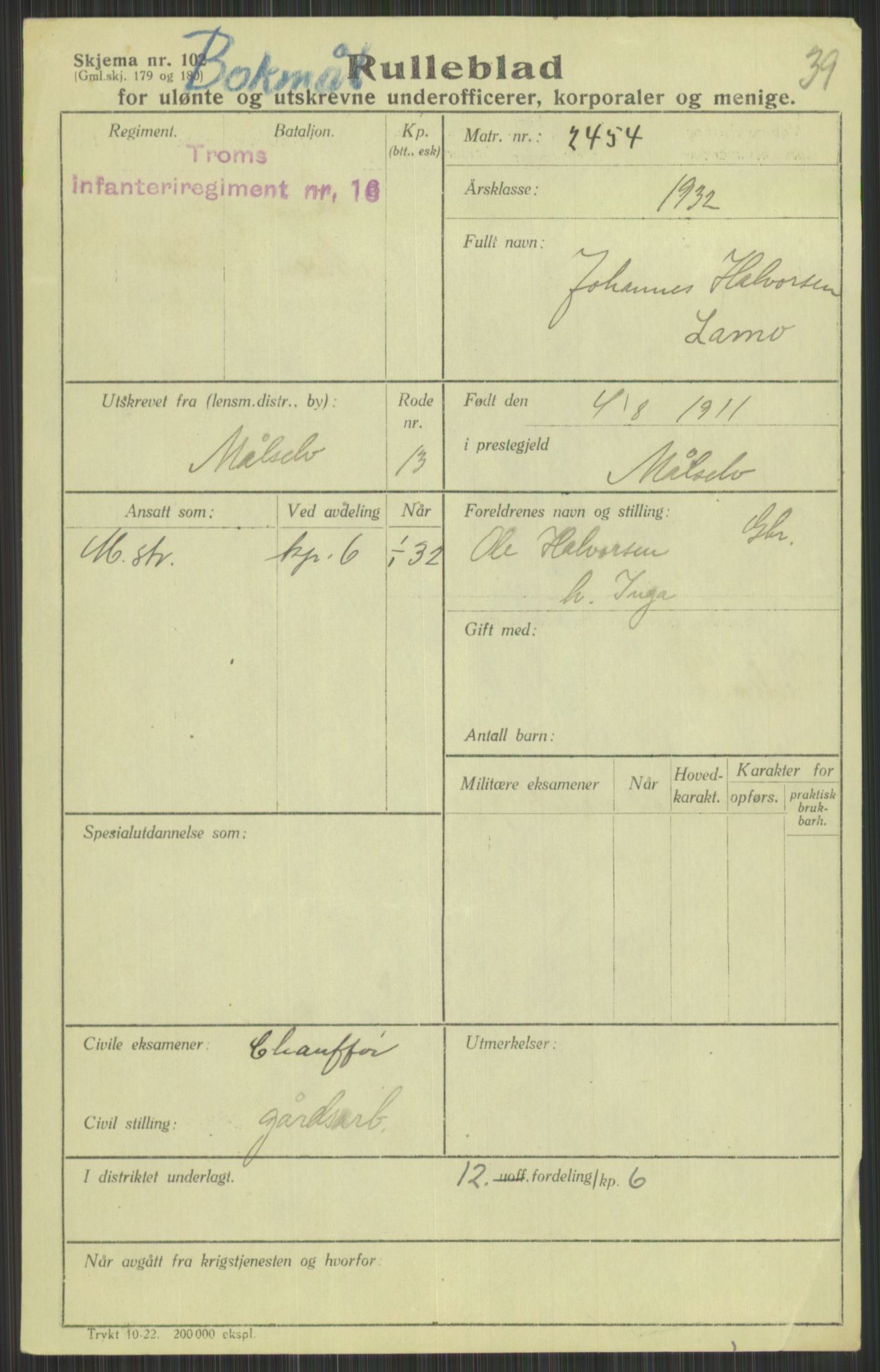 Forsvaret, Troms infanteriregiment nr. 16, AV/RA-RAFA-3146/P/Pa/L0016: Rulleblad for regimentets menige mannskaper, årsklasse 1932, 1932, p. 911