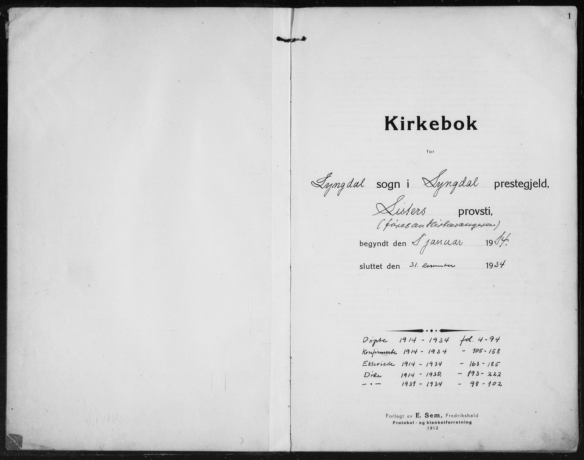 Lyngdal sokneprestkontor, AV/SAK-1111-0029/F/Fb/Fbc/L0006: Parish register (copy) no. B 6, 1914-1934, p. 1