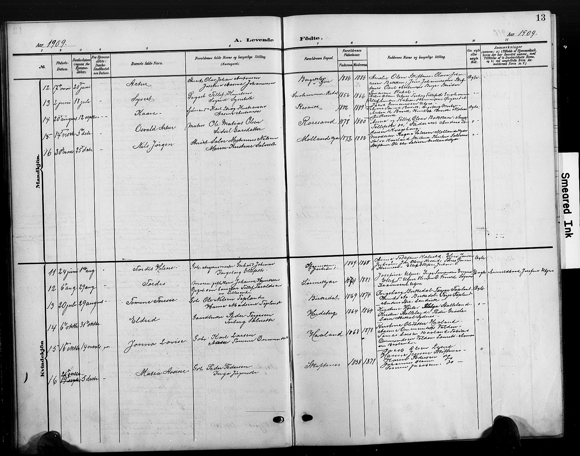 Hommedal sokneprestkontor, SAK/1111-0023/F/Fb/Fbb/L0008: Parish register (copy) no. B 8, 1905-1929, p. 13