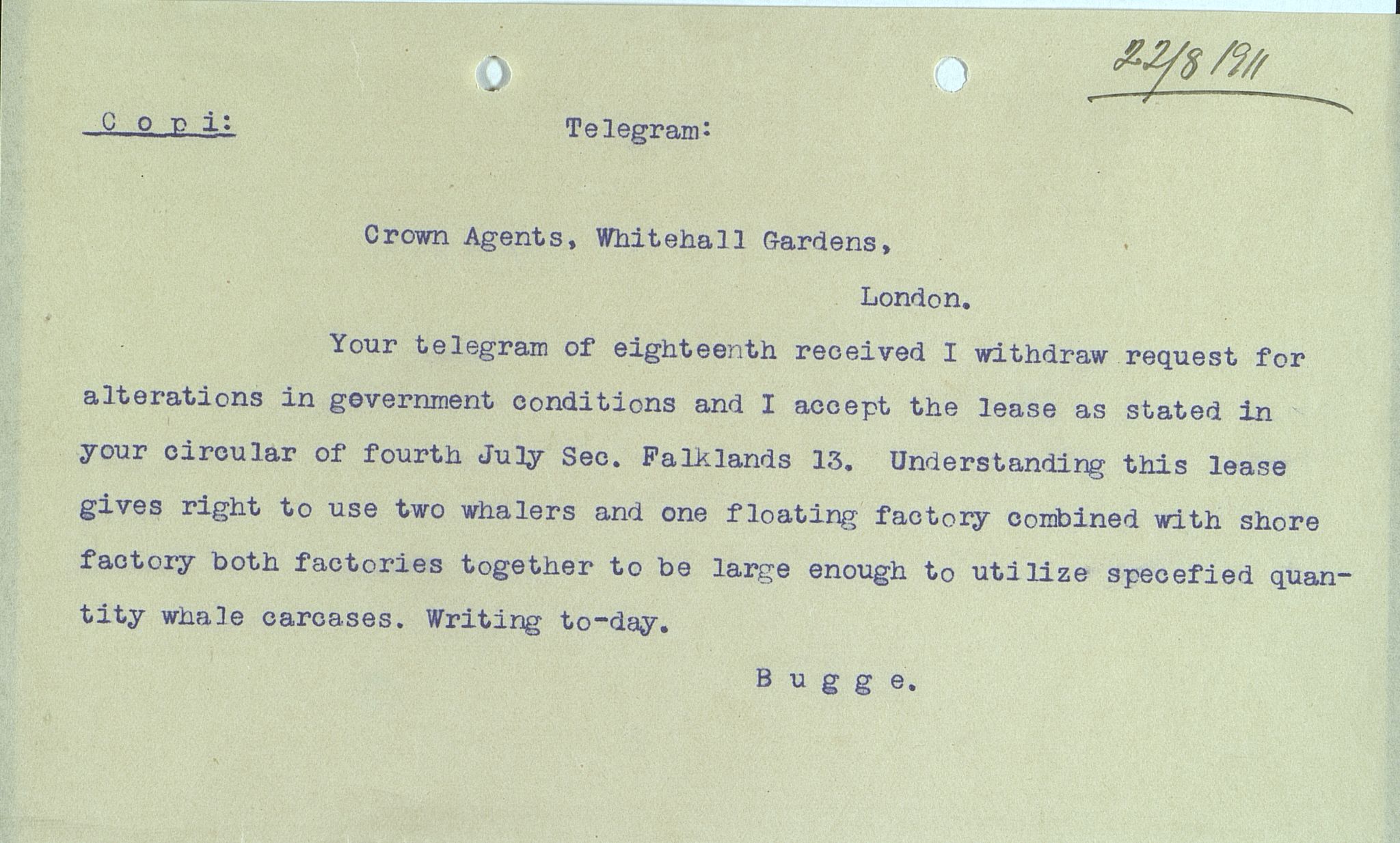 Pa 258 - N. Bugge AS, VEMU/A-1326/E/Ea/L0001/0001: Lisensavtaler og korrespondanse med Britiske myndigheter / The Crown Agents for the Colonies, 1911-1920