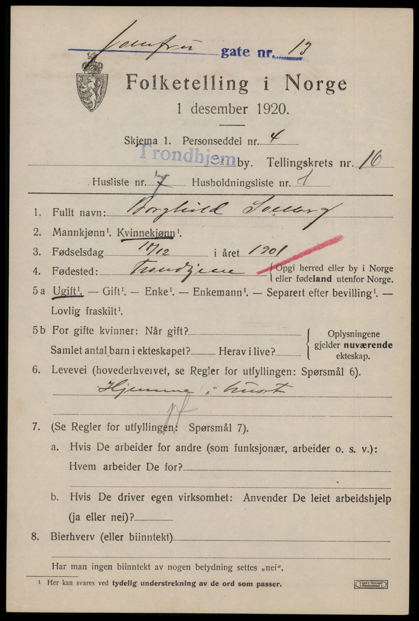 SAT, 1920 census for Trondheim, 1920, p. 54228