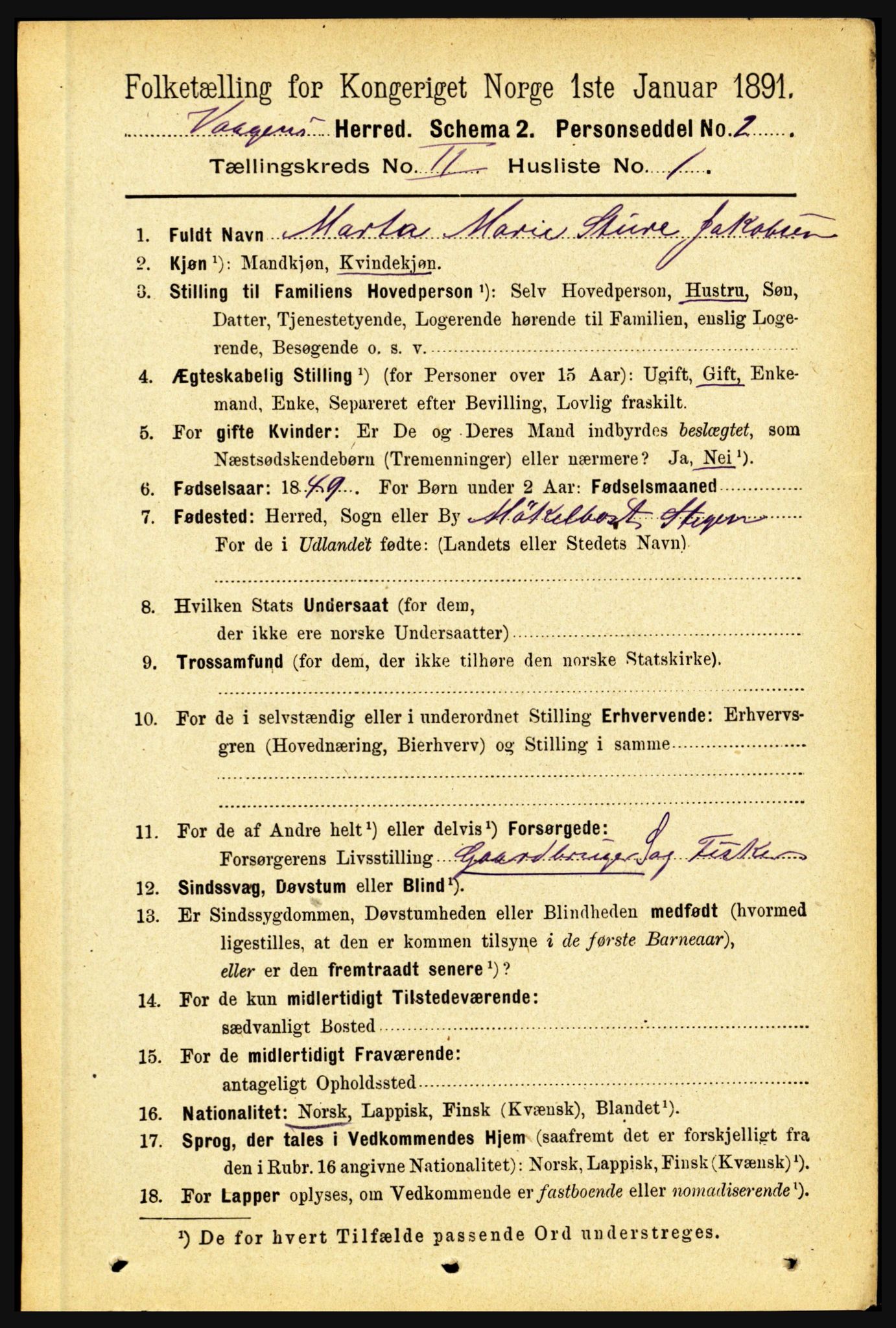 RA, 1891 census for 1865 Vågan, 1891, p. 417