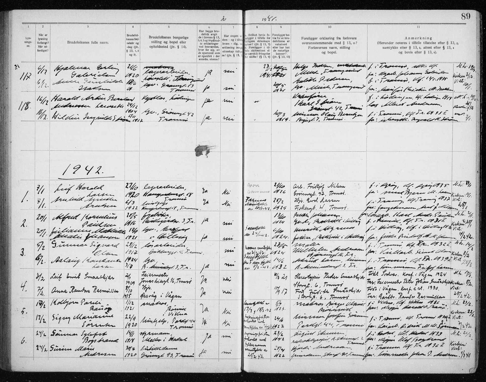 Tromsø sokneprestkontor/stiftsprosti/domprosti, AV/SATØ-S-1343/H/Hc/L0101: Banns register no. 101, 1933-1943, p. 89