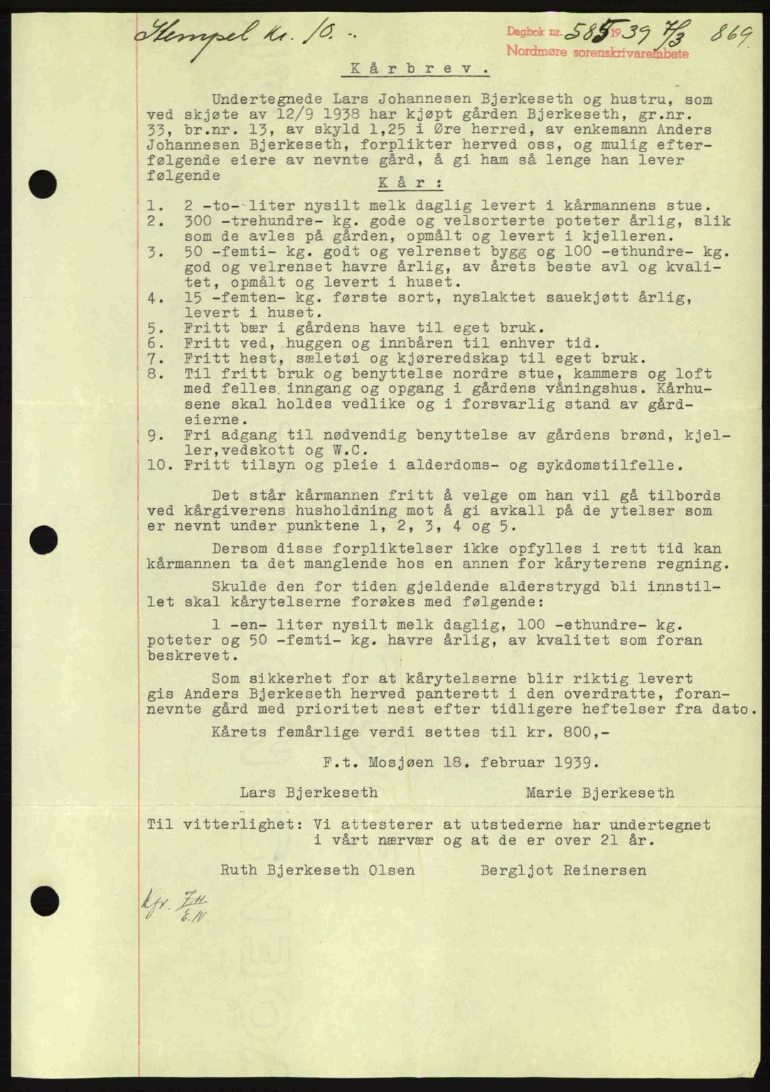 Nordmøre sorenskriveri, SAT/A-4132/1/2/2Ca: Mortgage book no. B84, 1938-1939, Diary no: : 585/1939