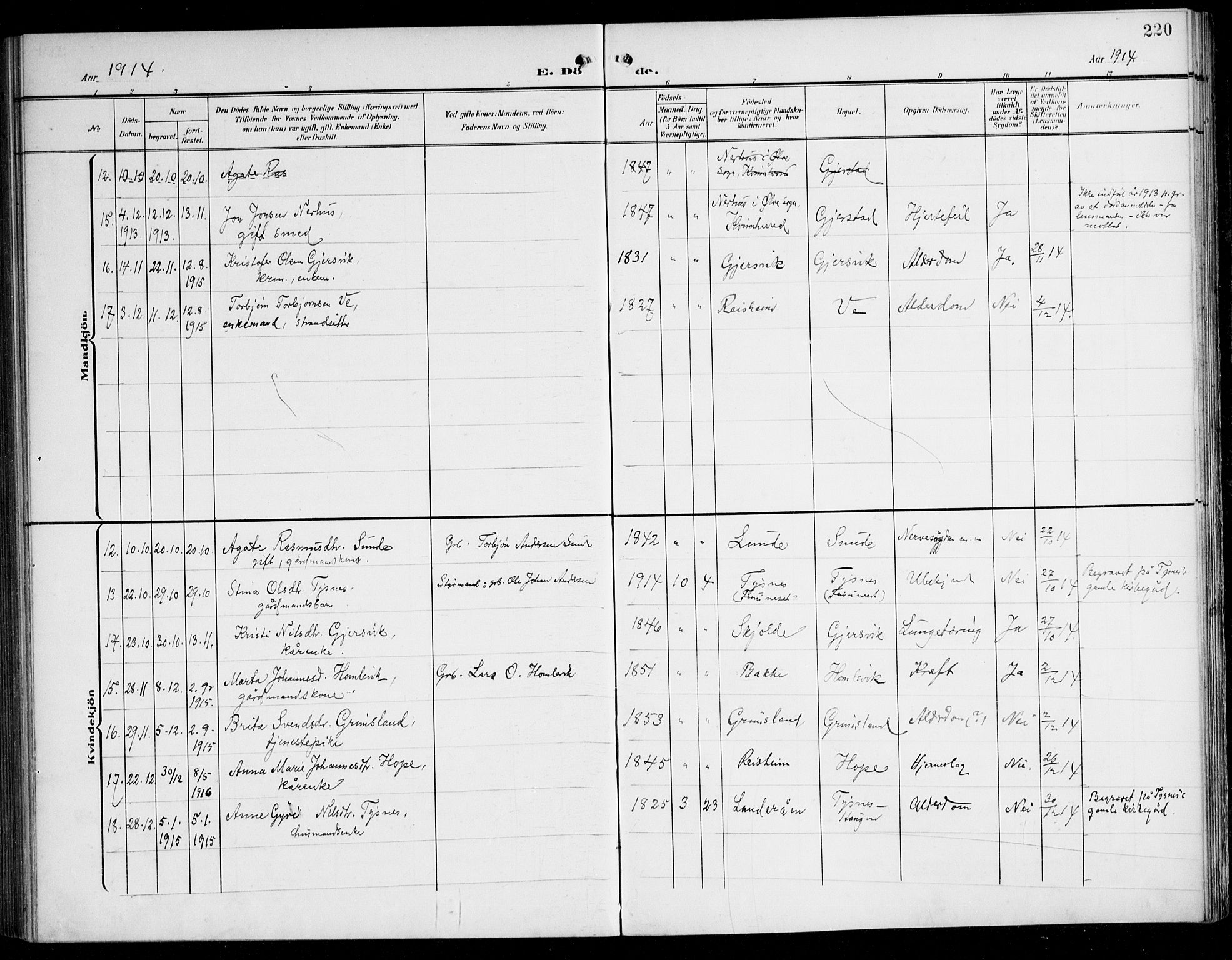 Tysnes sokneprestembete, SAB/A-78601/H/Haa: Parish register (official) no. B 2, 1907-1925, p. 220