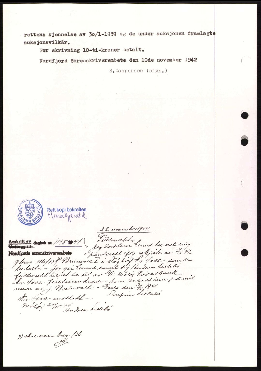 Nordfjord sorenskriveri, AV/SAB-A-2801/02/02b/02bj/L0009a: Mortgage book no. A9 I, 1944-1944, Diary no: : 1195/1944