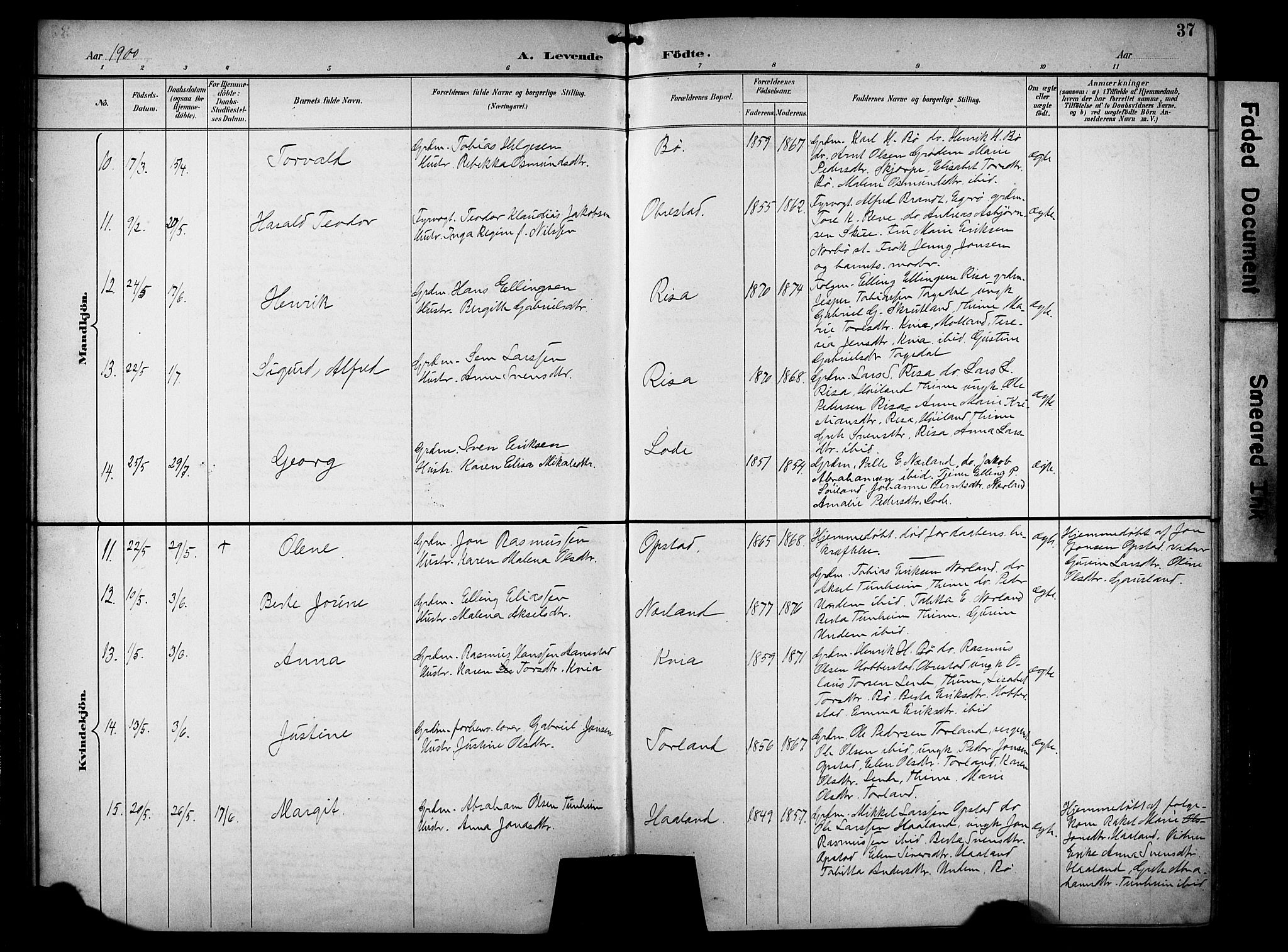 Hå sokneprestkontor, AV/SAST-A-101801/001/30BB/L0005: Parish register (copy) no. B 5, 1894-1912, p. 37