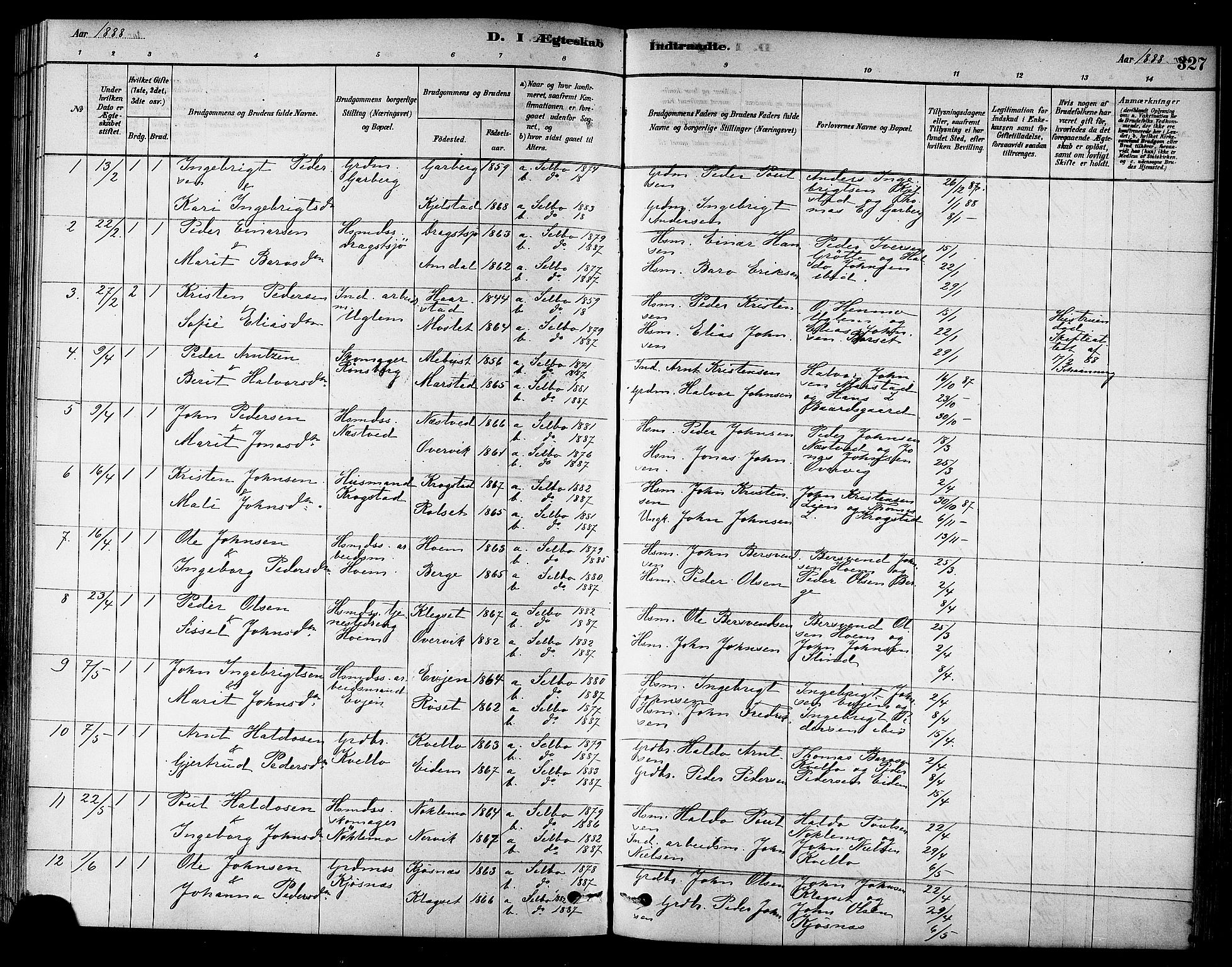 Ministerialprotokoller, klokkerbøker og fødselsregistre - Sør-Trøndelag, SAT/A-1456/695/L1148: Parish register (official) no. 695A08, 1878-1891, p. 327