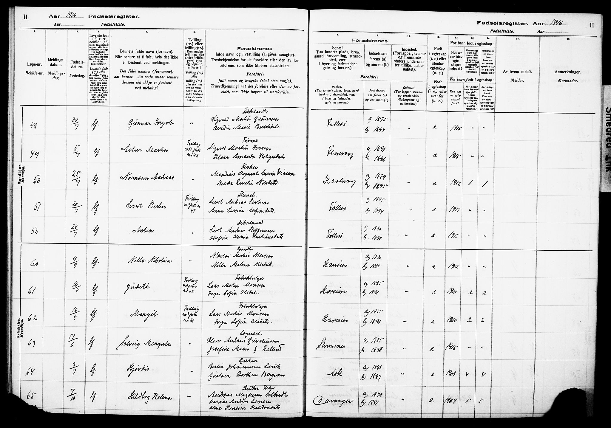 Askøy Sokneprestembete, AV/SAB-A-74101/I/Id/L00A1: Birth register no. A 1, 1916-1928, p. 11