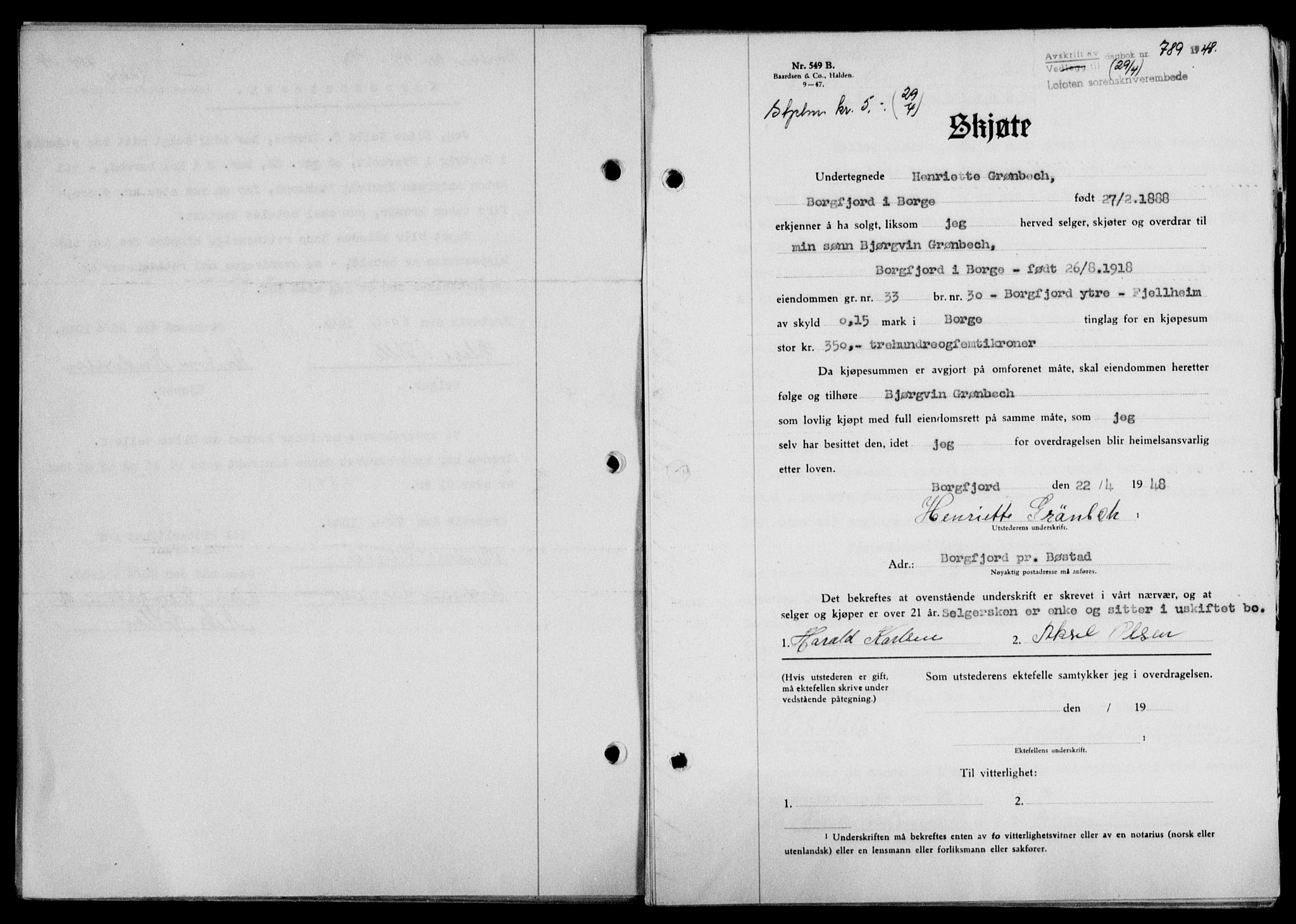 Lofoten sorenskriveri, SAT/A-0017/1/2/2C/L0018a: Mortgage book no. 18a, 1948-1948, Diary no: : 789/1948