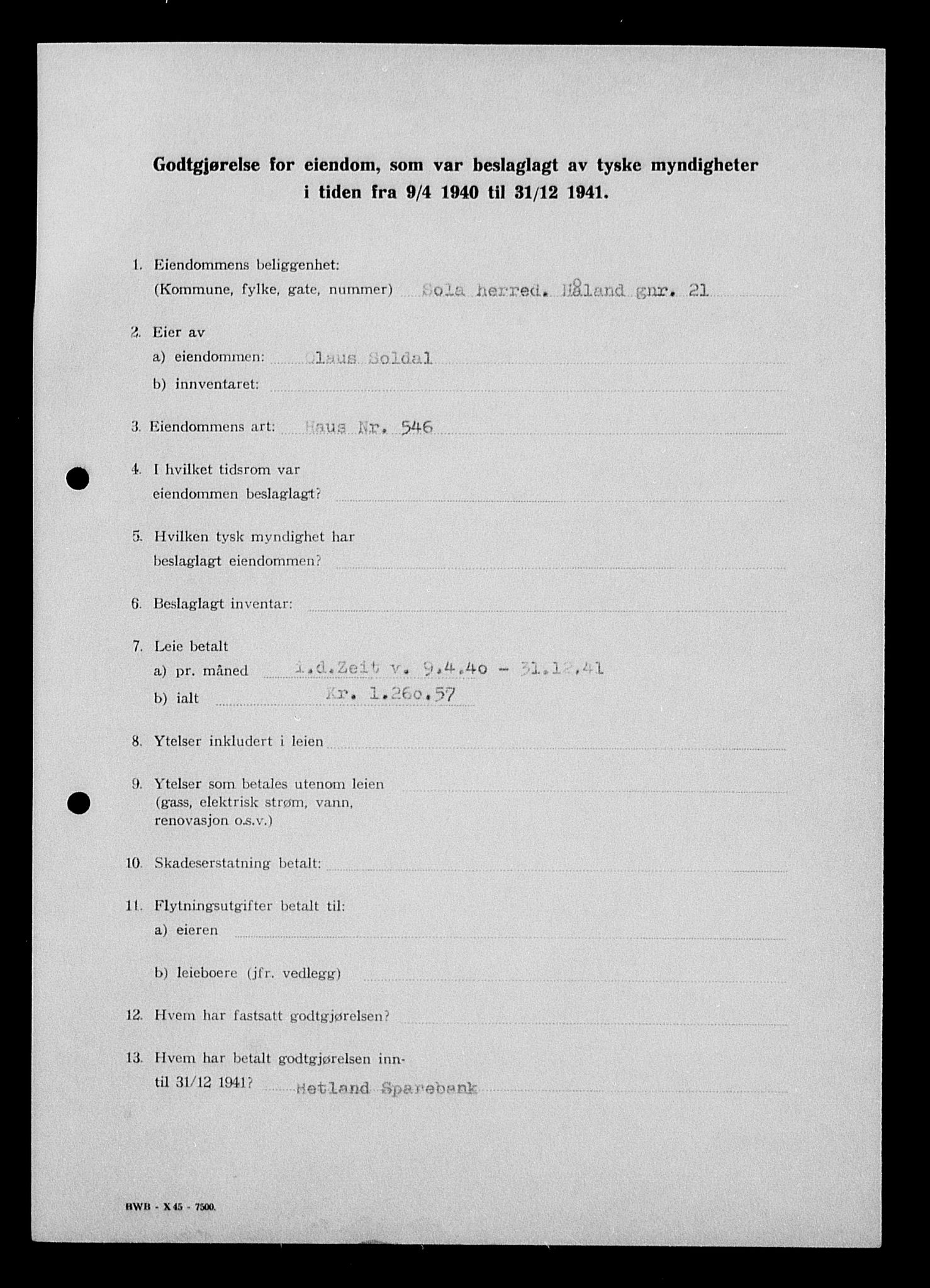 Justisdepartementet, Tilbakeføringskontoret for inndratte formuer, AV/RA-S-1564/I/L1015: Godtgjørelse for beslaglagt eiendom, 1940-1941, p. 263
