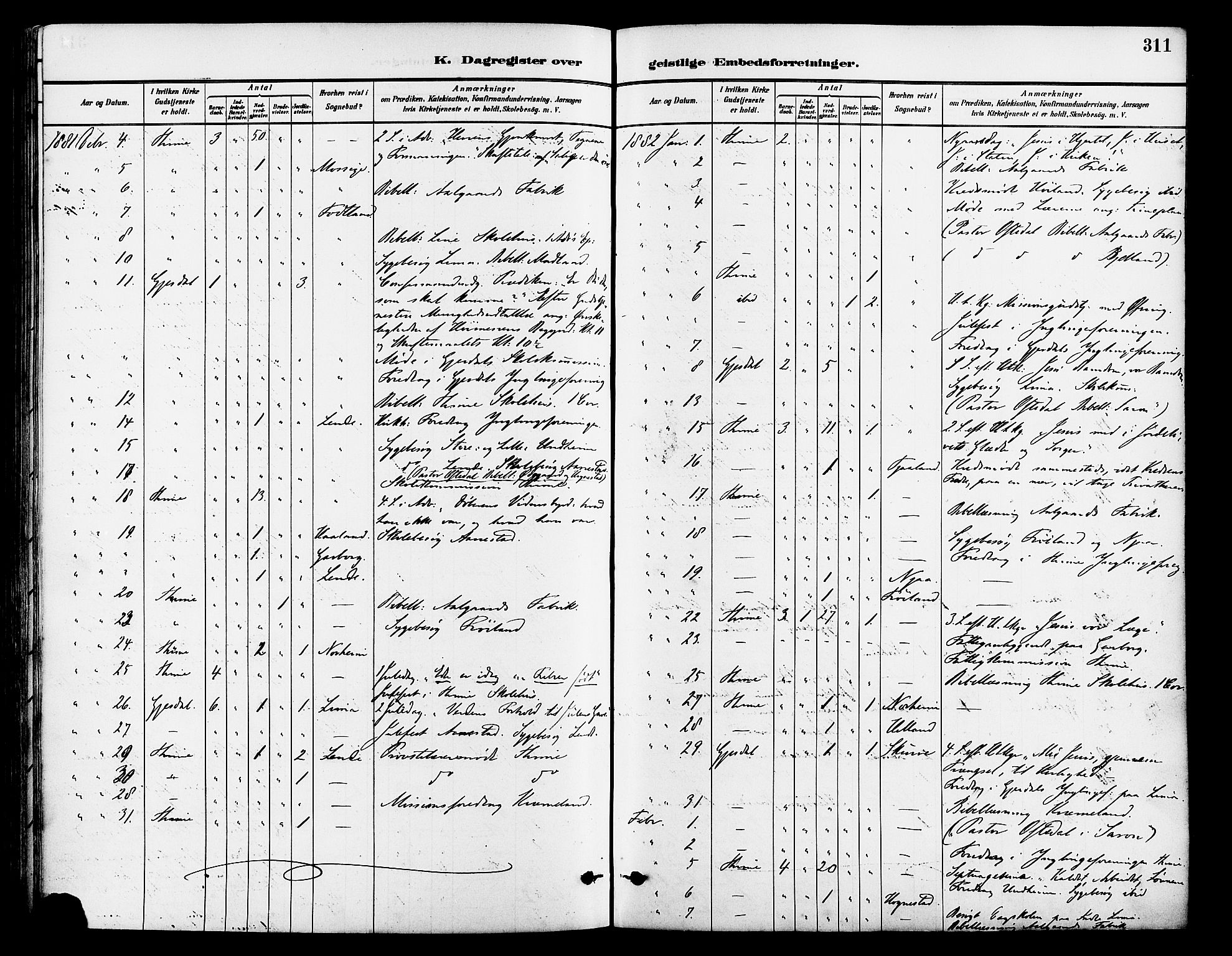 Lye sokneprestkontor, AV/SAST-A-101794/001/30BA/L0009: Parish register (official) no. A 8, 1881-1892, p. 311