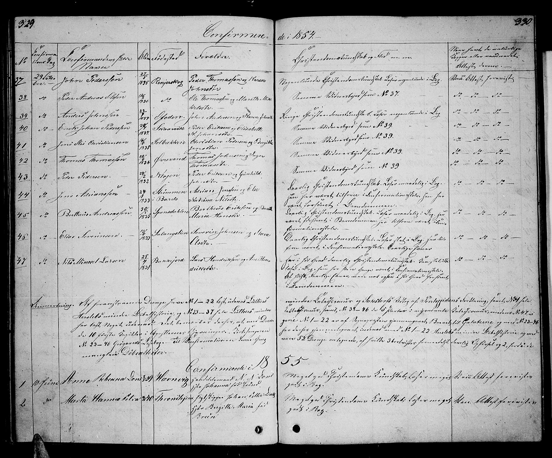 Ibestad sokneprestembete, SATØ/S-0077/H/Ha/Hab/L0004klokker: Parish register (copy) no. 4, 1852-1860, p. 329-330