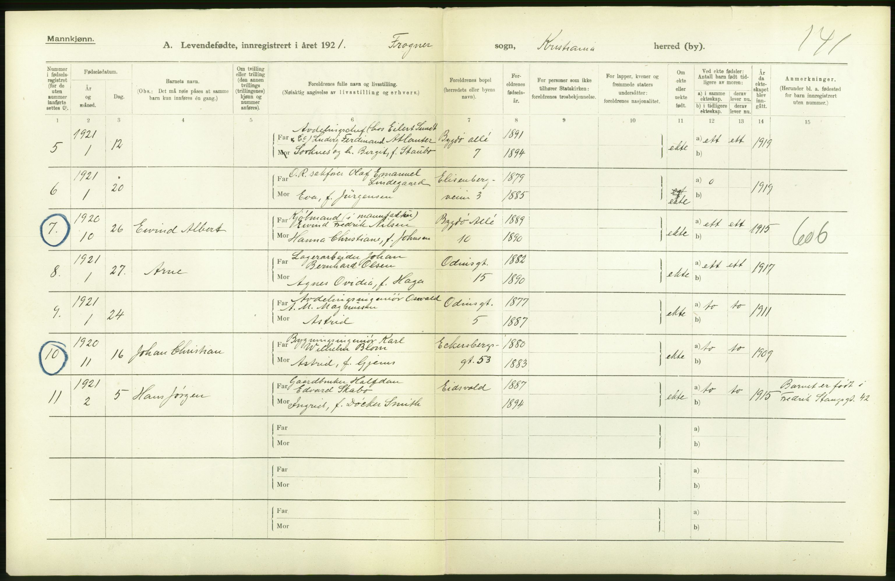 Statistisk sentralbyrå, Sosiodemografiske emner, Befolkning, RA/S-2228/D/Df/Dfc/Dfca/L0010: Kristiania: Levendefødte menn og kvinner., 1921, p. 54