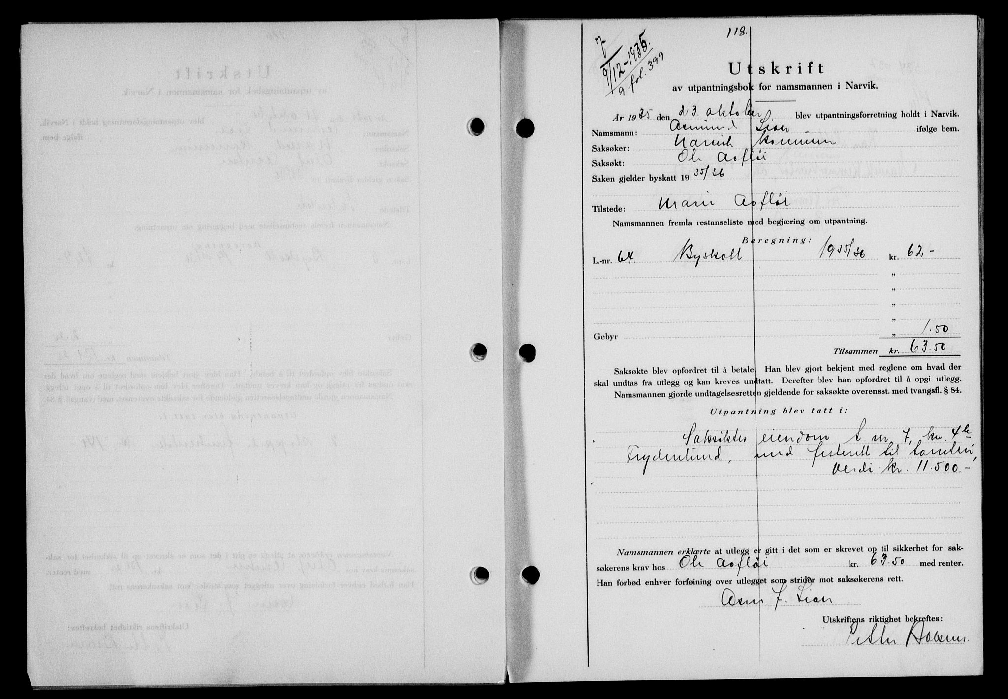 Narvik sorenskriveri, SAT/A-0002/1/2/2C/2Ca/L0011: Mortgage book no. 14, 1935-1937, Deed date: 09.12.1935