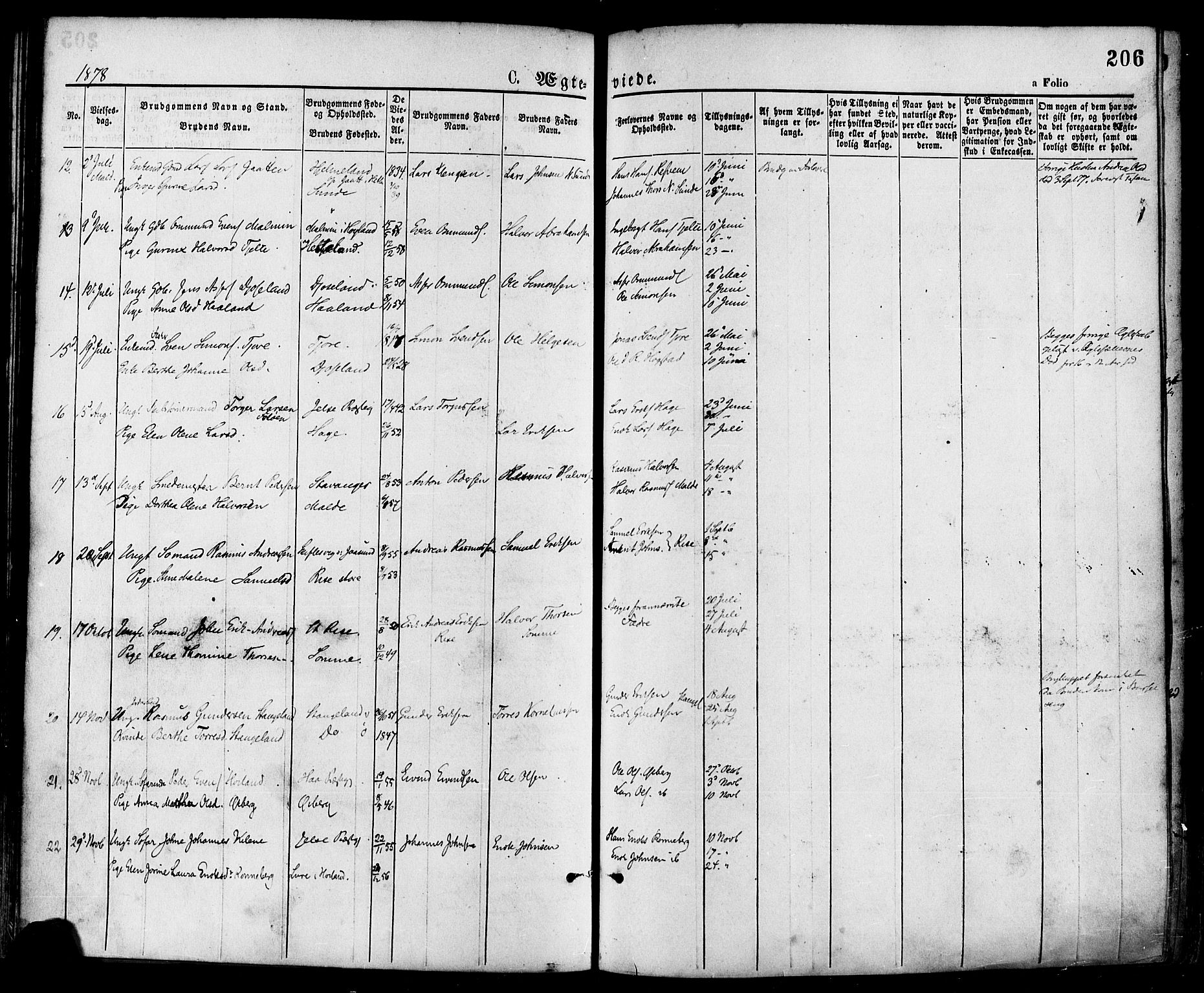 Håland sokneprestkontor, SAST/A-101802/001/30BA/L0009: Parish register (official) no. A 8, 1871-1882, p. 206