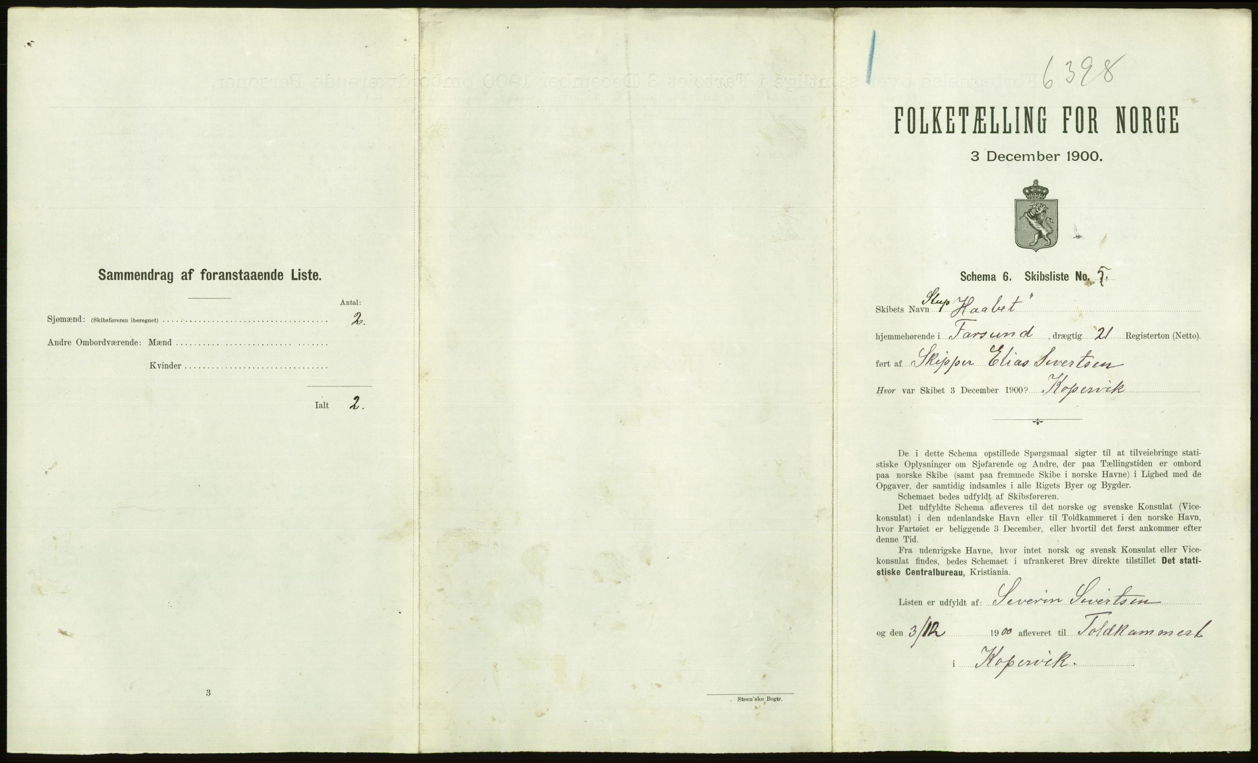 RA, 1900 Census - ship lists from ships in Norwegian harbours, harbours abroad and at sea, 1900, p. 1069