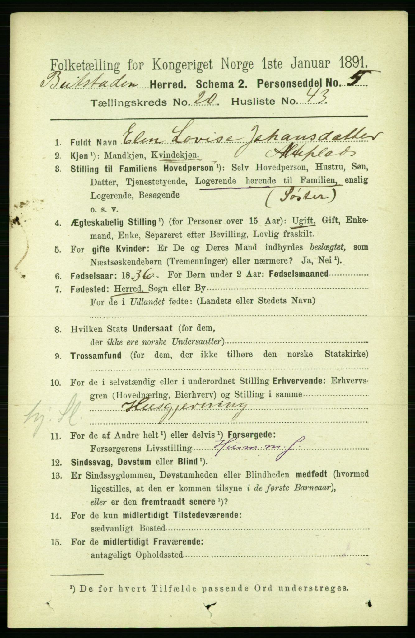 RA, 1891 census for 1727 Beitstad, 1891, p. 5377