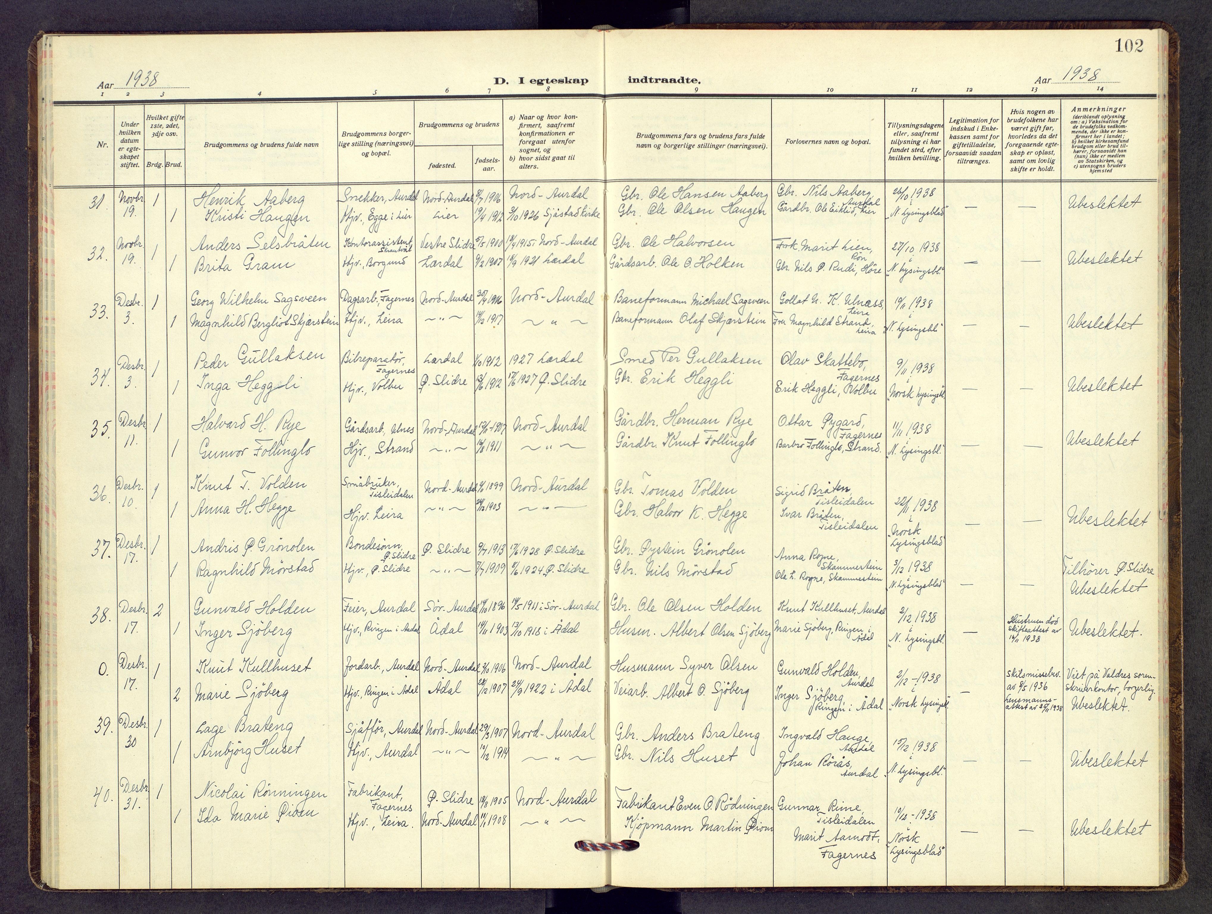 Nord-Aurdal prestekontor, AV/SAH-PREST-132/H/Ha/Hab/L0017: Parish register (copy) no. 17, 1933-1946, p. 102