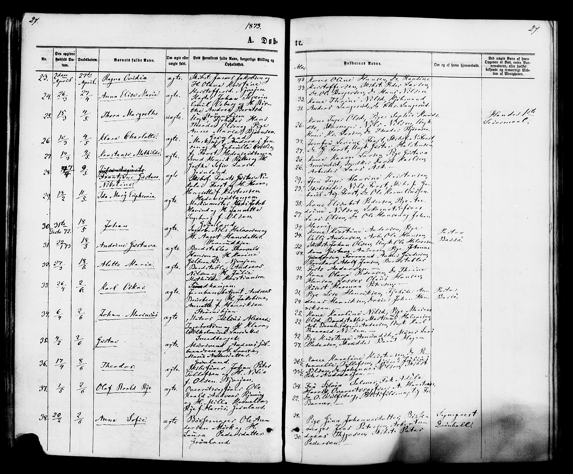 Strømsø kirkebøker, AV/SAKO-A-246/F/Fa/L0020: Parish register (official) no. I 20, 1870-1878, p. 27