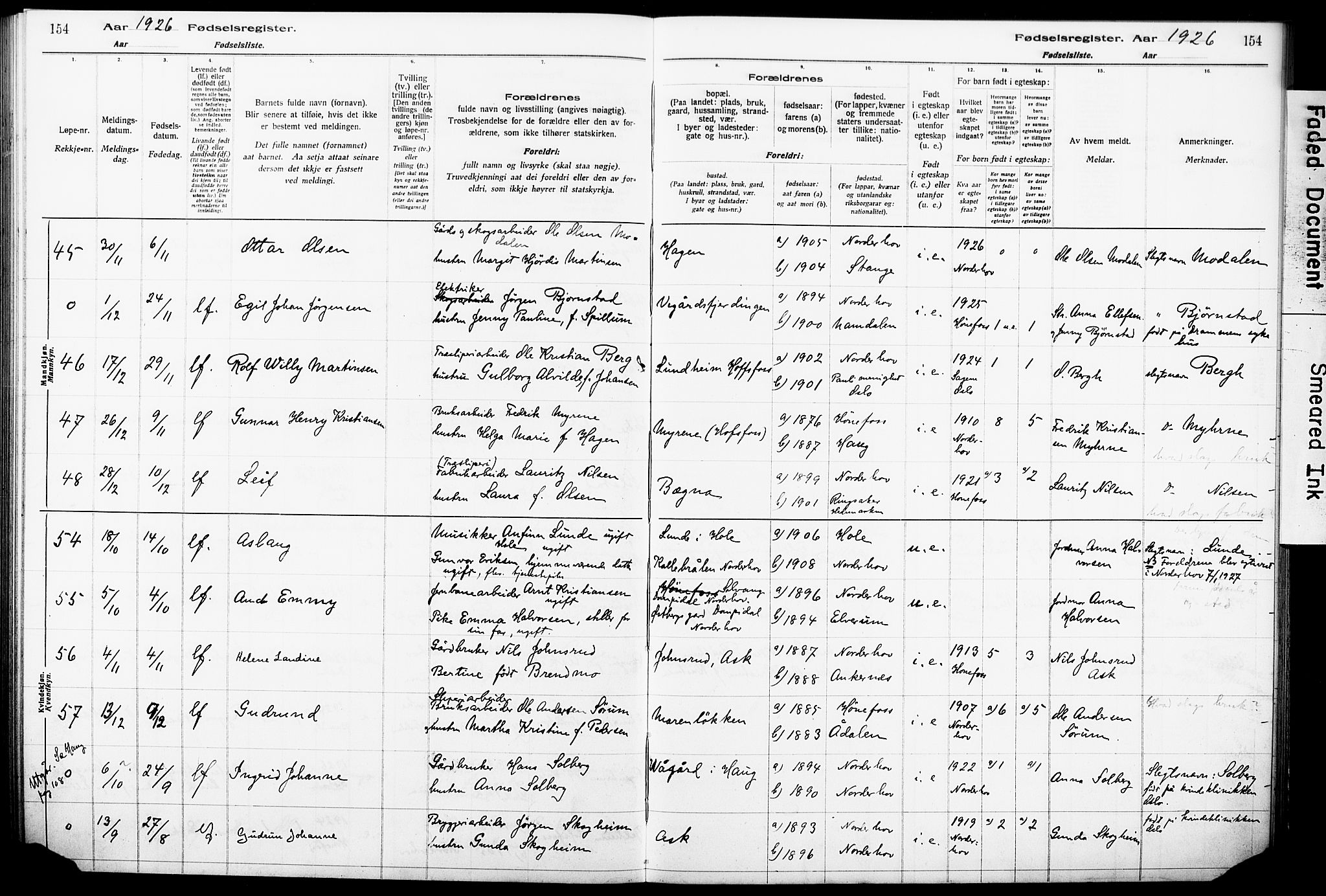 Norderhov kirkebøker, AV/SAKO-A-237/J/Ja/L0001: Birth register no. 1, 1916-1930, p. 154