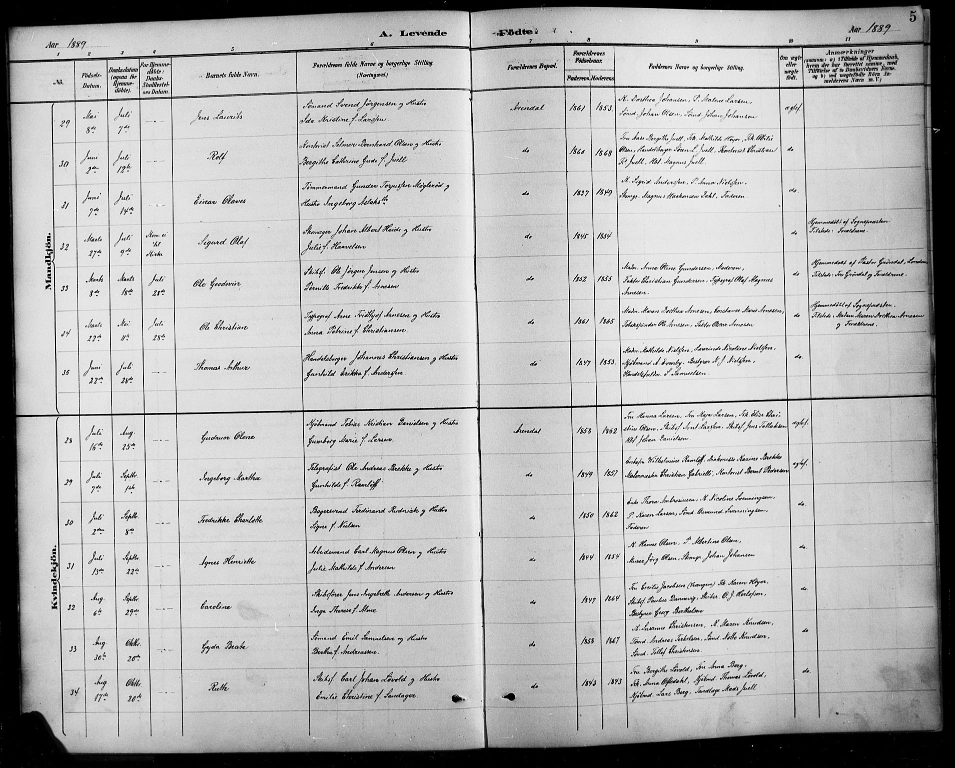 Arendal sokneprestkontor, Trefoldighet, SAK/1111-0040/F/Fb/L0006: Parish register (copy) no. B 6, 1889-1916, p. 5
