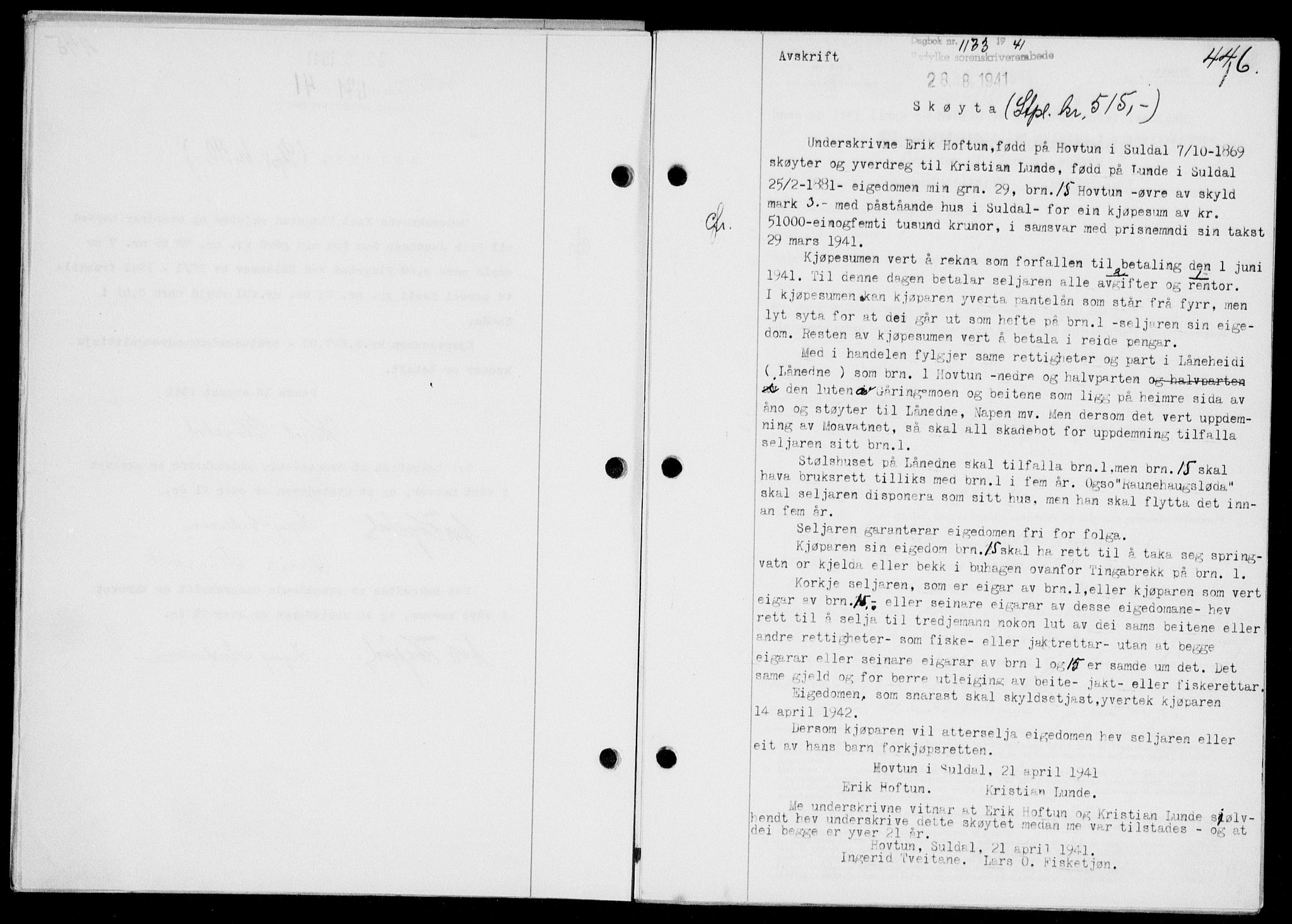 Ryfylke tingrett, SAST/A-100055/001/II/IIB/L0085: Mortgage book no. 64, 1941-1941, Diary no: : 1173/1941