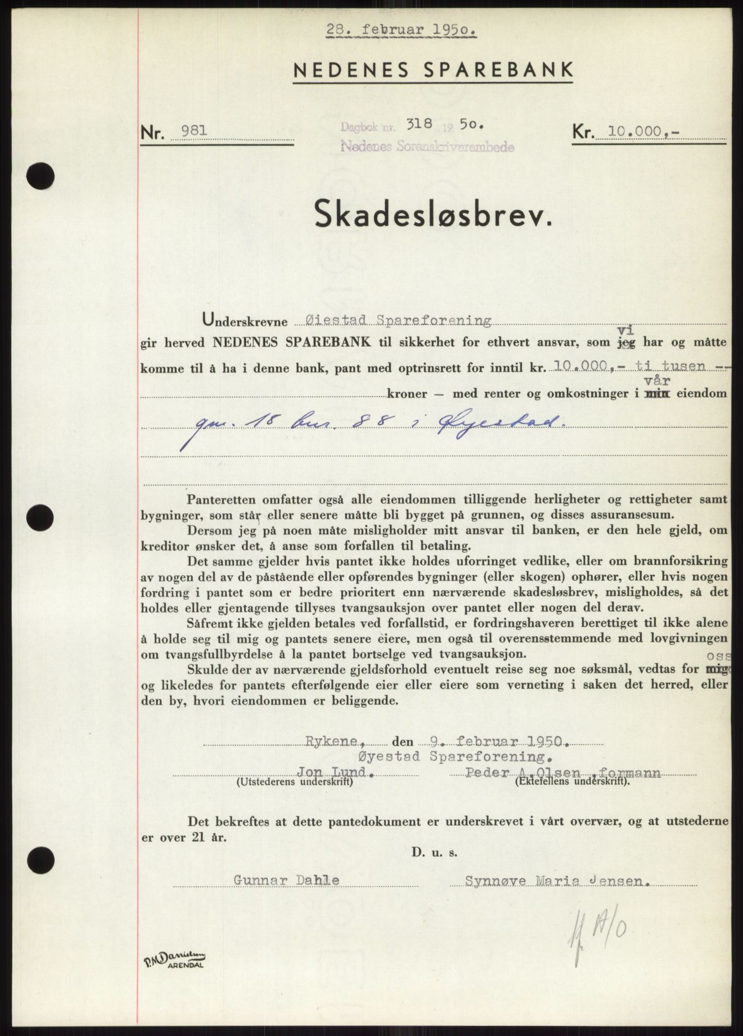 Nedenes sorenskriveri, AV/SAK-1221-0006/G/Gb/Gbb/L0007: Mortgage book no. B7, 1949-1950, Diary no: : 318/1950