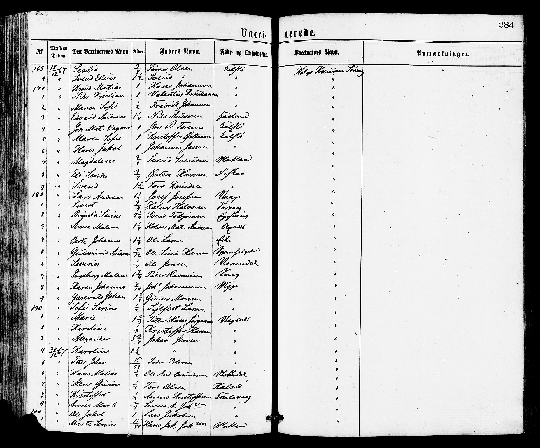 Avaldsnes sokneprestkontor, AV/SAST-A -101851/H/Ha/Haa/L0012: Parish register (official) no. A 12, 1865-1880, p. 284