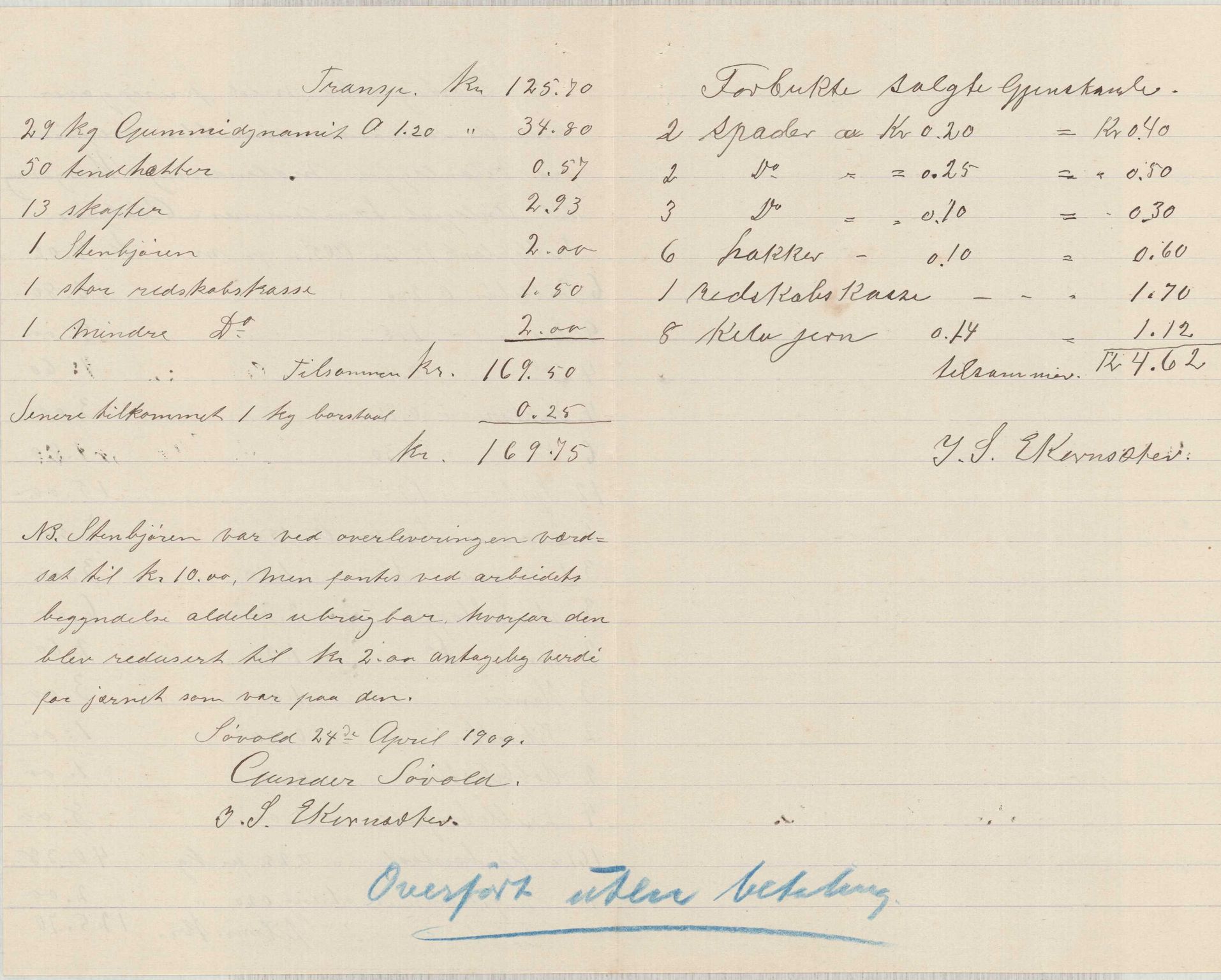 Finnaas kommune. Formannskapet, IKAH/1218a-021/E/Ea/L0002/0005: Rekneskap for veganlegg / Rekneskap for veganlegget Urangsvåg - Mælandsvåg, 1907-1909, p. 69