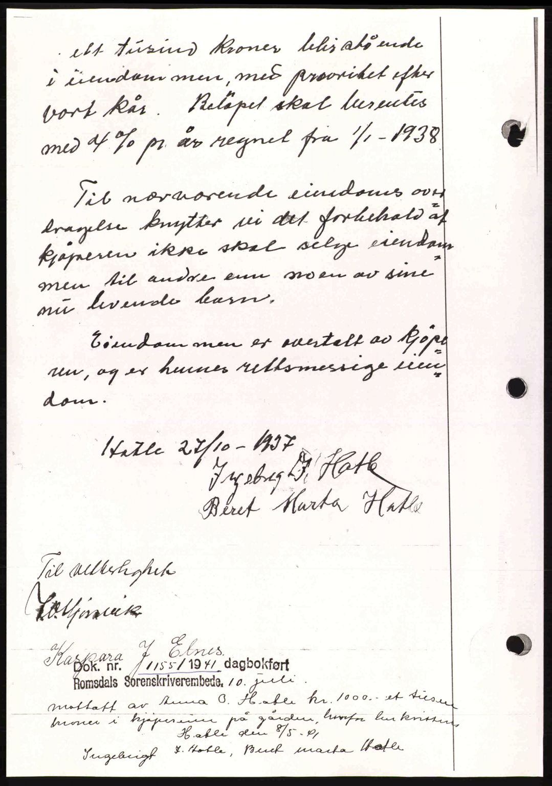 Romsdal sorenskriveri, AV/SAT-A-4149/1/2/2C: Mortgage book no. A10, 1941-1941, Diary no: : 1153/1941