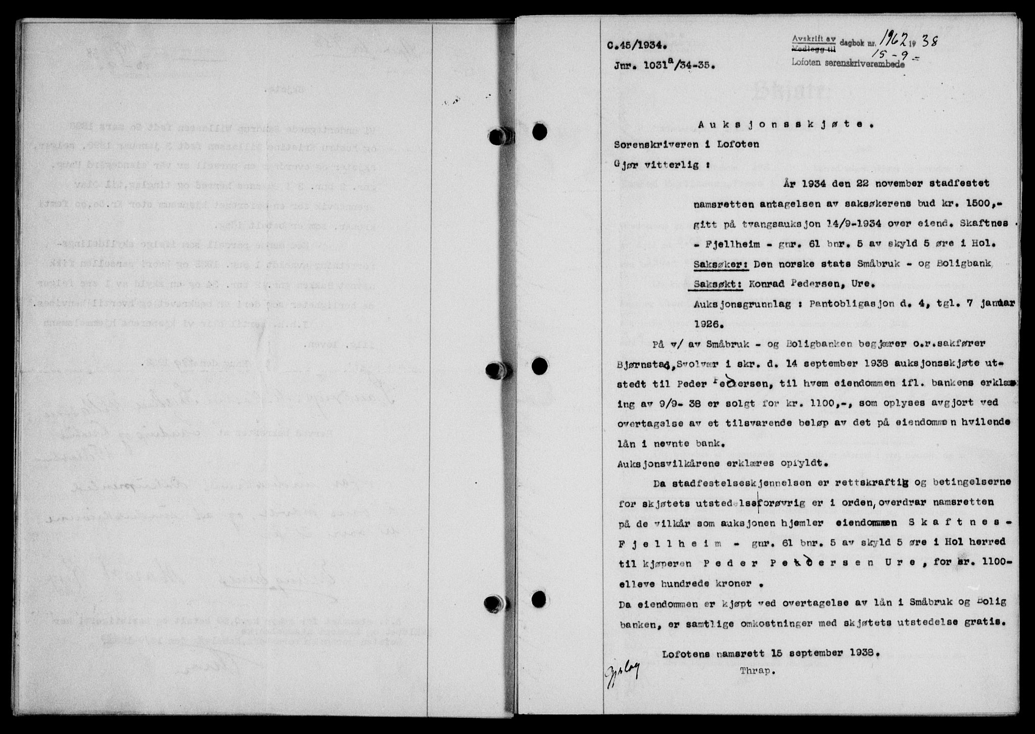 Lofoten sorenskriveri, SAT/A-0017/1/2/2C/L0004a: Mortgage book no. 4a, 1938-1938, Diary no: : 1962/1938